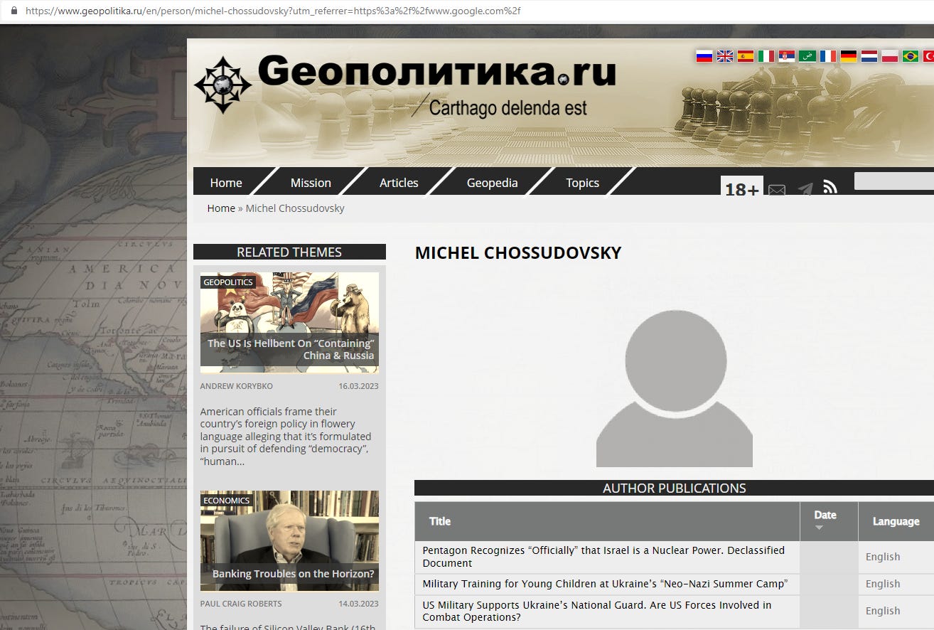 Crypto-communist Michael Chossudovsky on Aleksandr Dugin's website