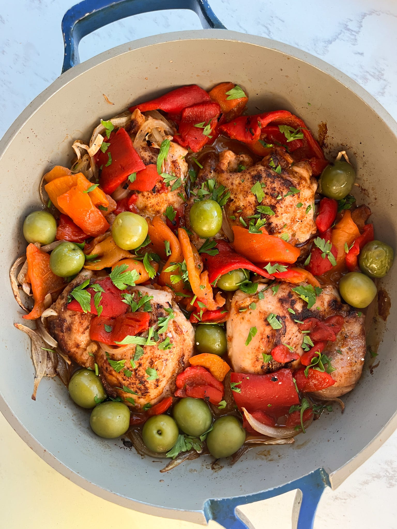 Agrodolce (sweet and sour) Chicken Thighs with Peppers, Olives, and