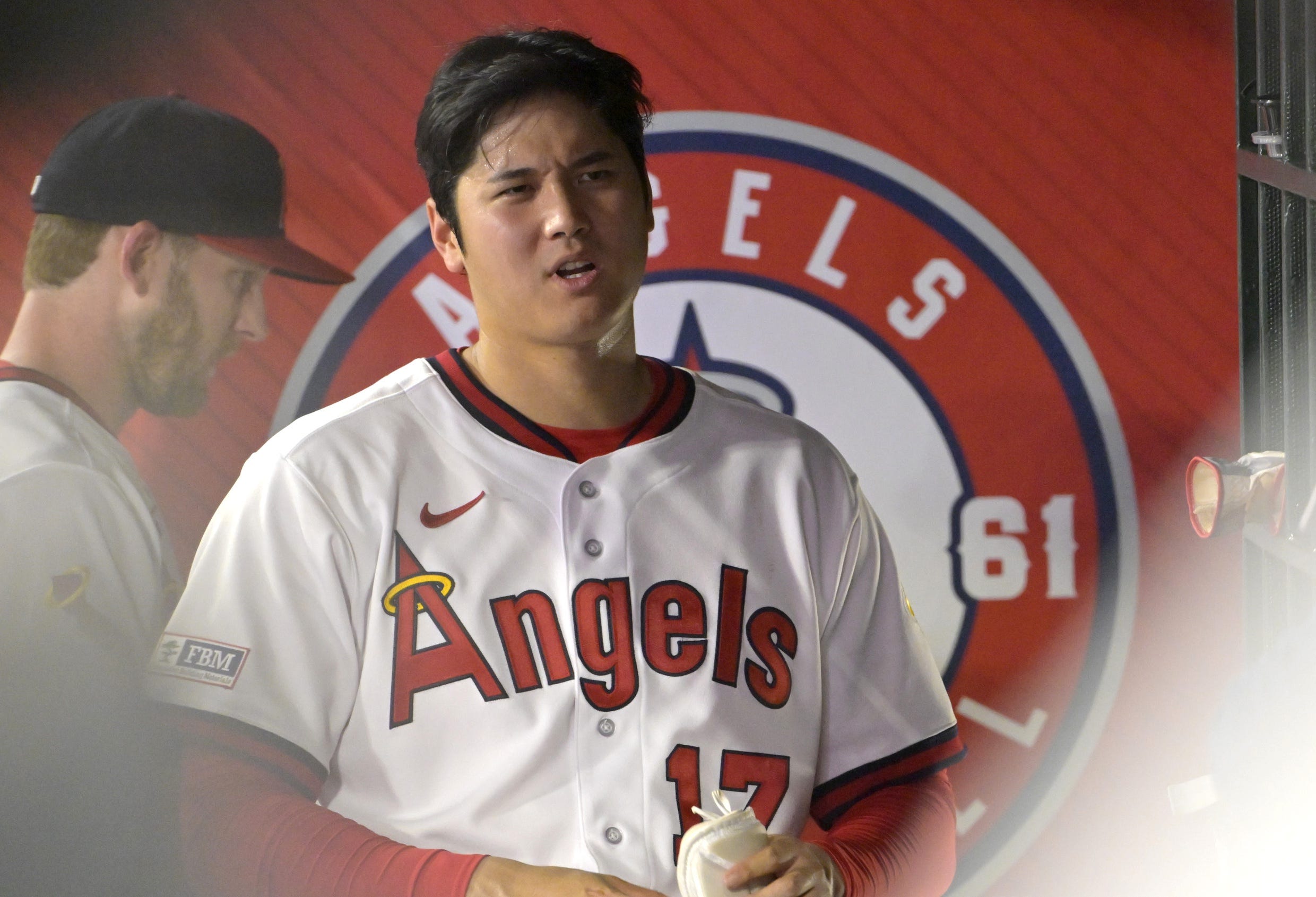 Shohei Ohtani of the Los Angeles Angels looks on during Gatorade
