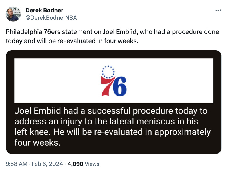 76ers' Joel Embiid has no timetable to return following knee surgery