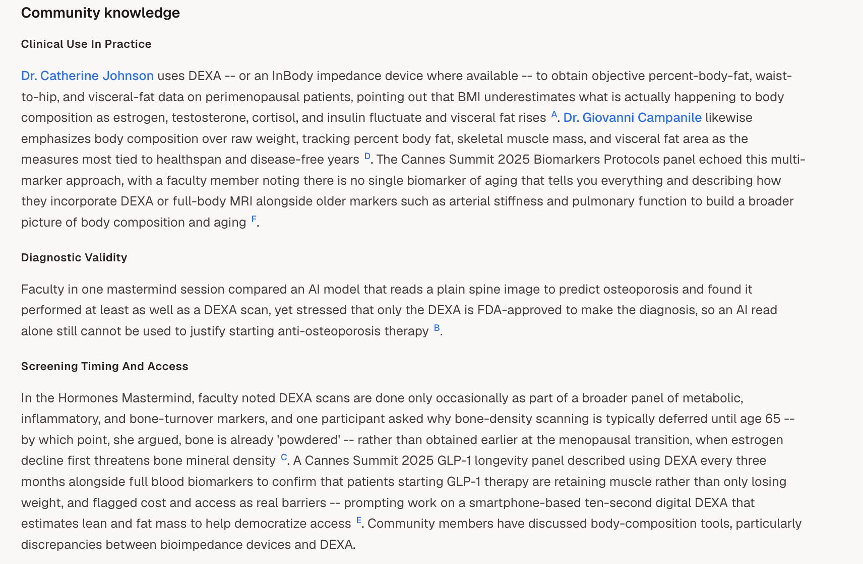 The Community knowledge section of the DEXA Scan entry, with Clinical Use In Practice, Diagnostic Validity and Screening Timing And Access, attributed to named physicians