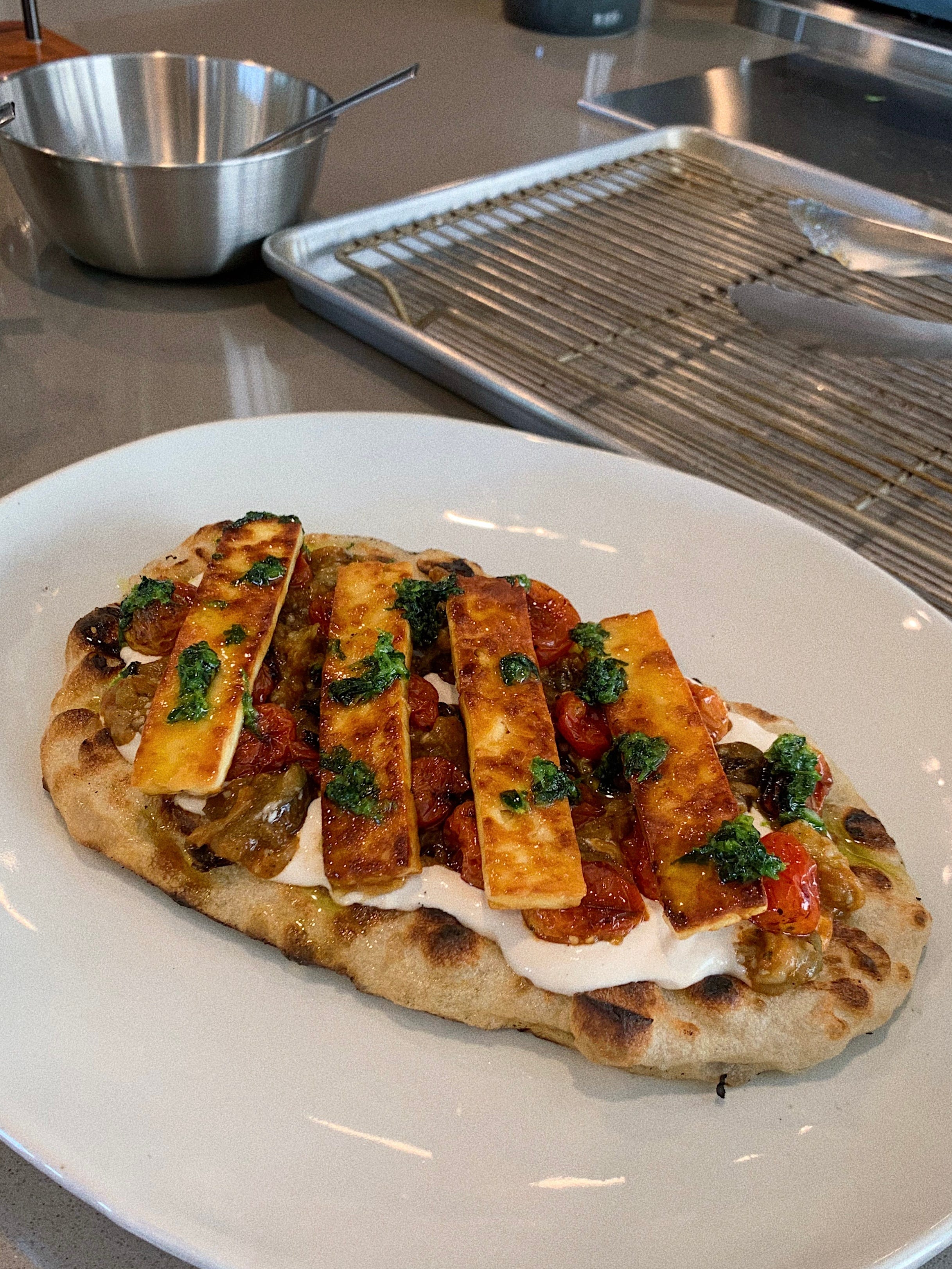 Burn Baby, Burn? Charred Harissa Eggplant & Halloumi Flatbread