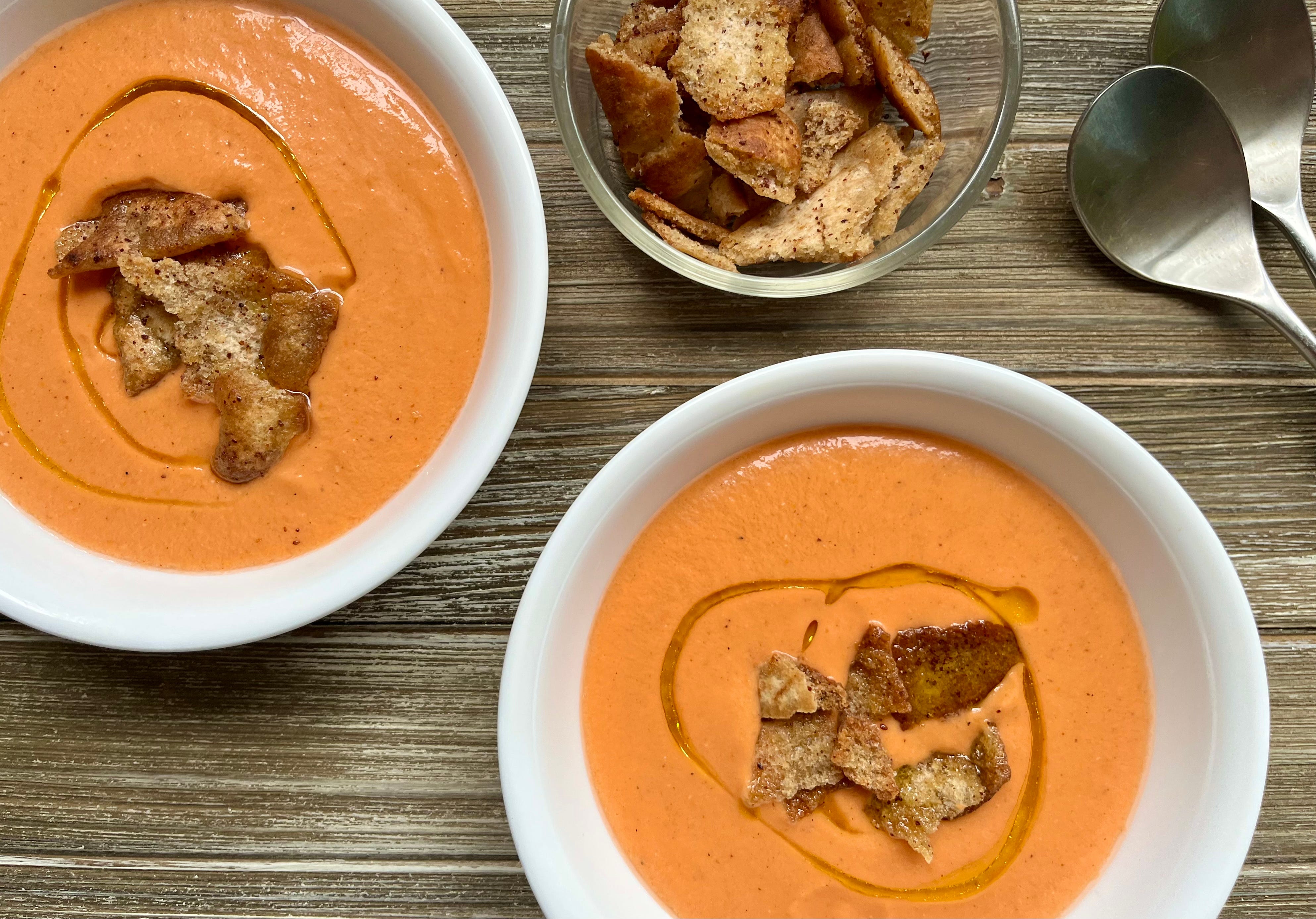 15 Minute Gazpacho with Crunchy Sumac Croutons