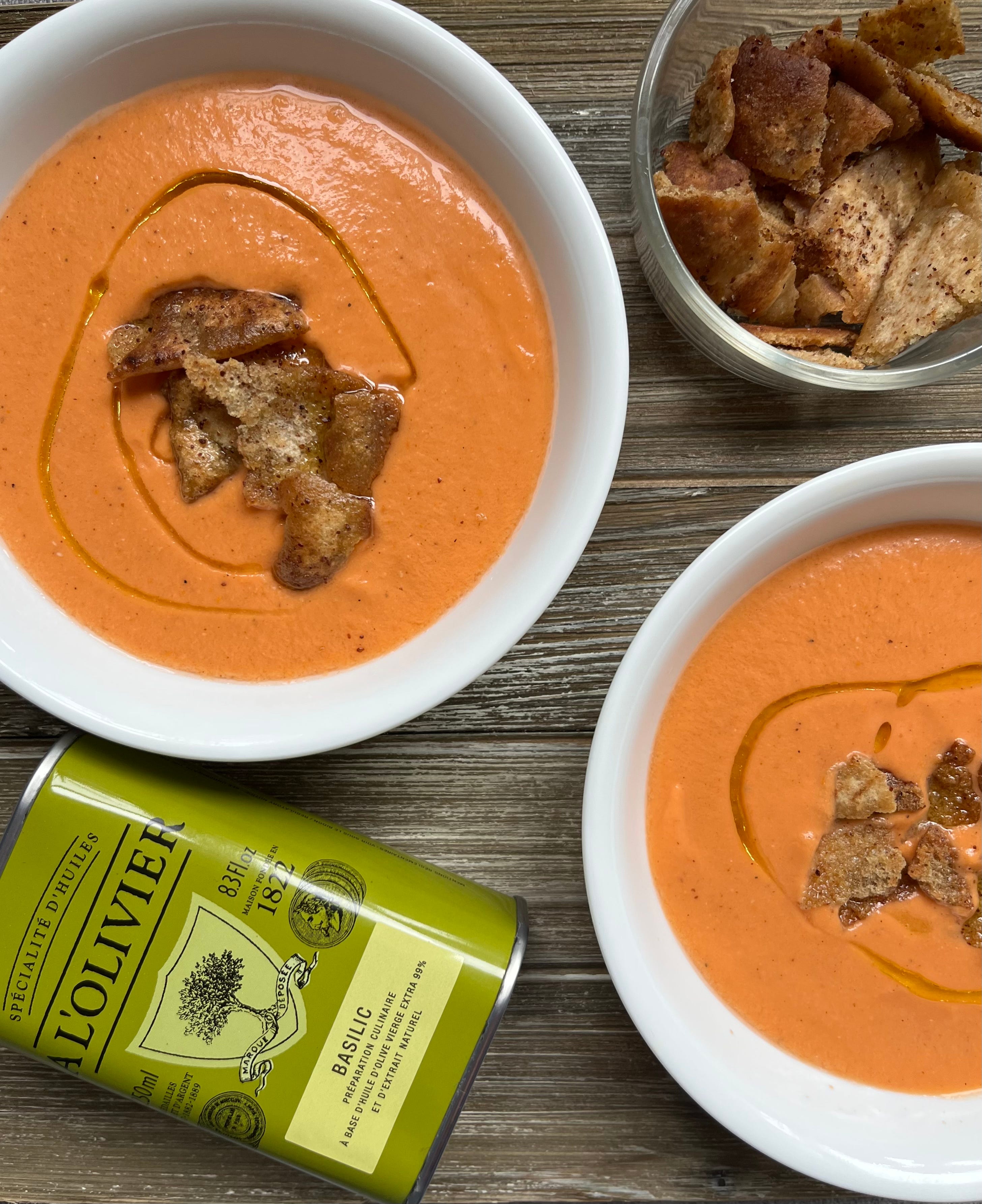 15 Minute Gazpacho with Crunchy Sumac Croutons