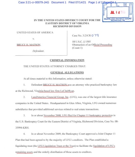 Former Attorney Bruce H. Matson Pleads Guilty to Obstructing