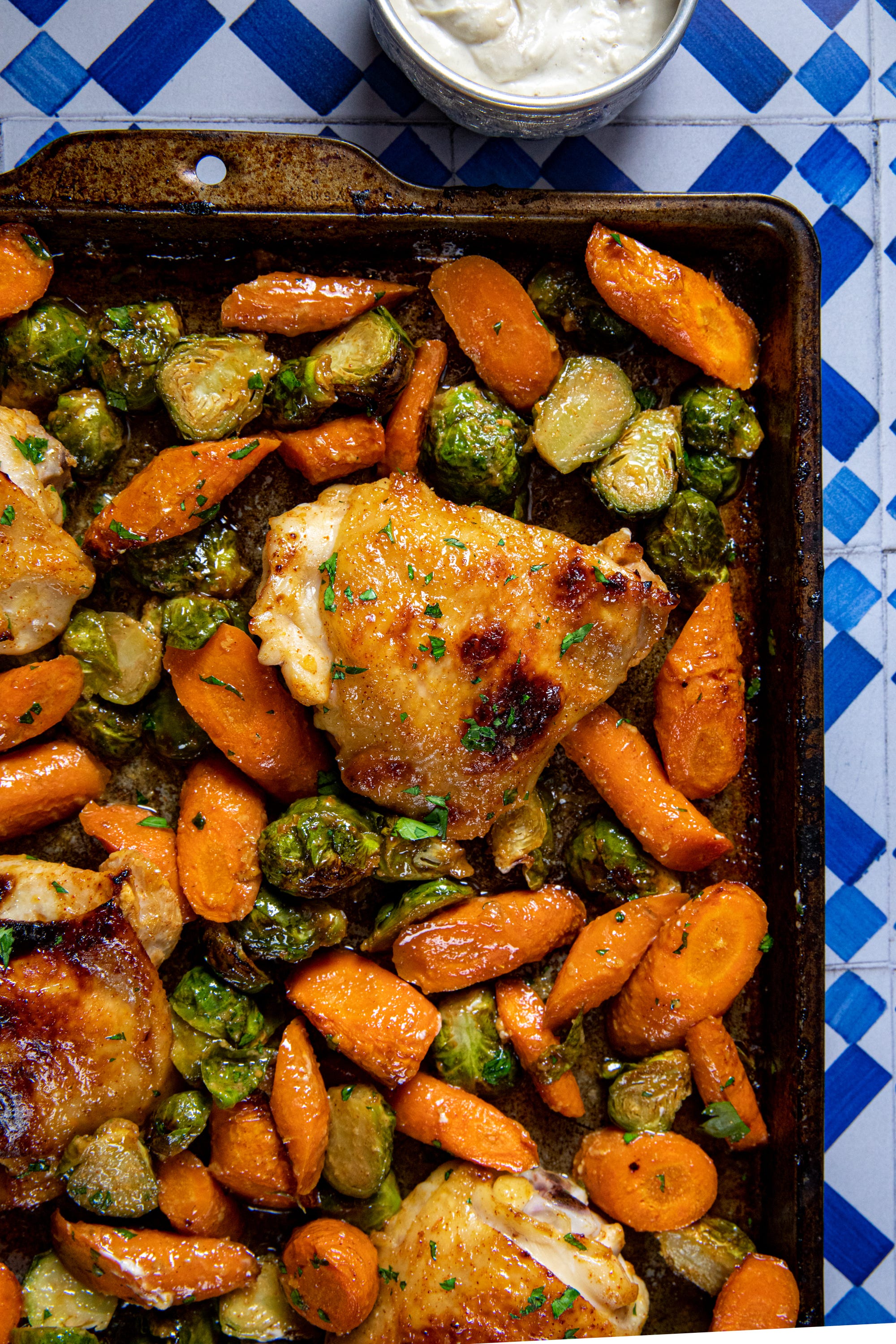 sheetpan honeyroasted chicken, carrots, and brussels sprouts with