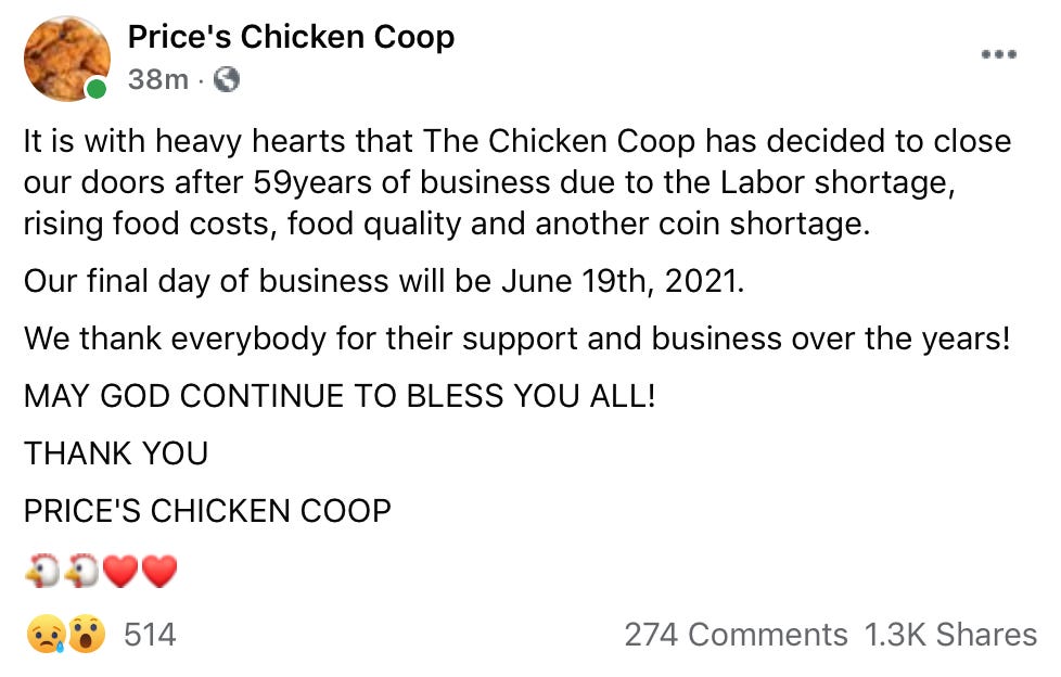 BREAKING Price's Chicken Coop to close for good on Saturday