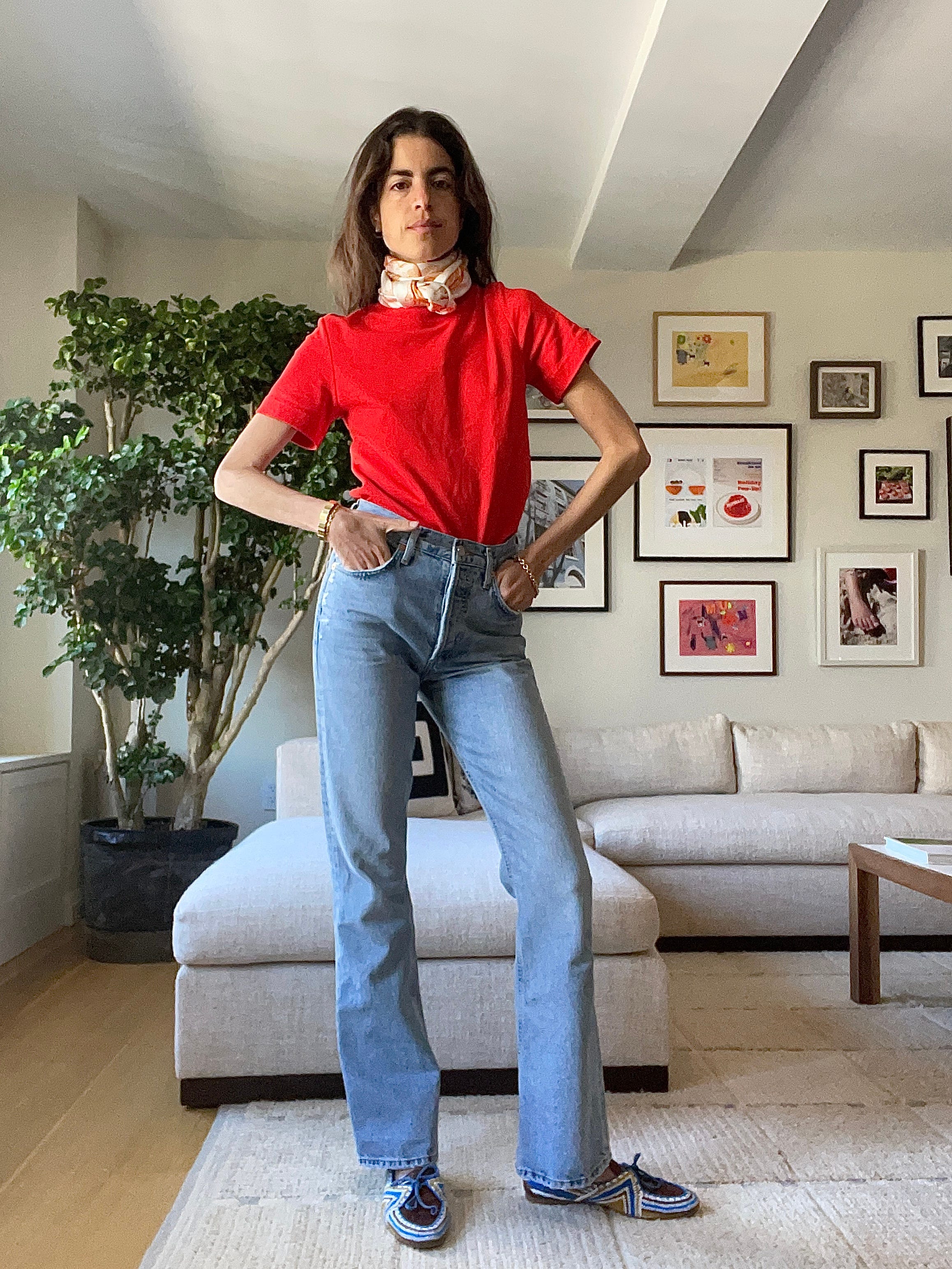 Red t shirt with light blue jeans store