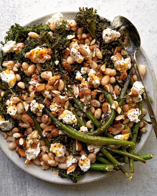Roasted Broccolini with White Beans, Ricotta, Almonds, and Hot Honey