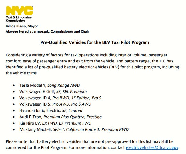 NYC TLC Launches EV Pilot Vehicles from Tesla VW Hyundai Audi