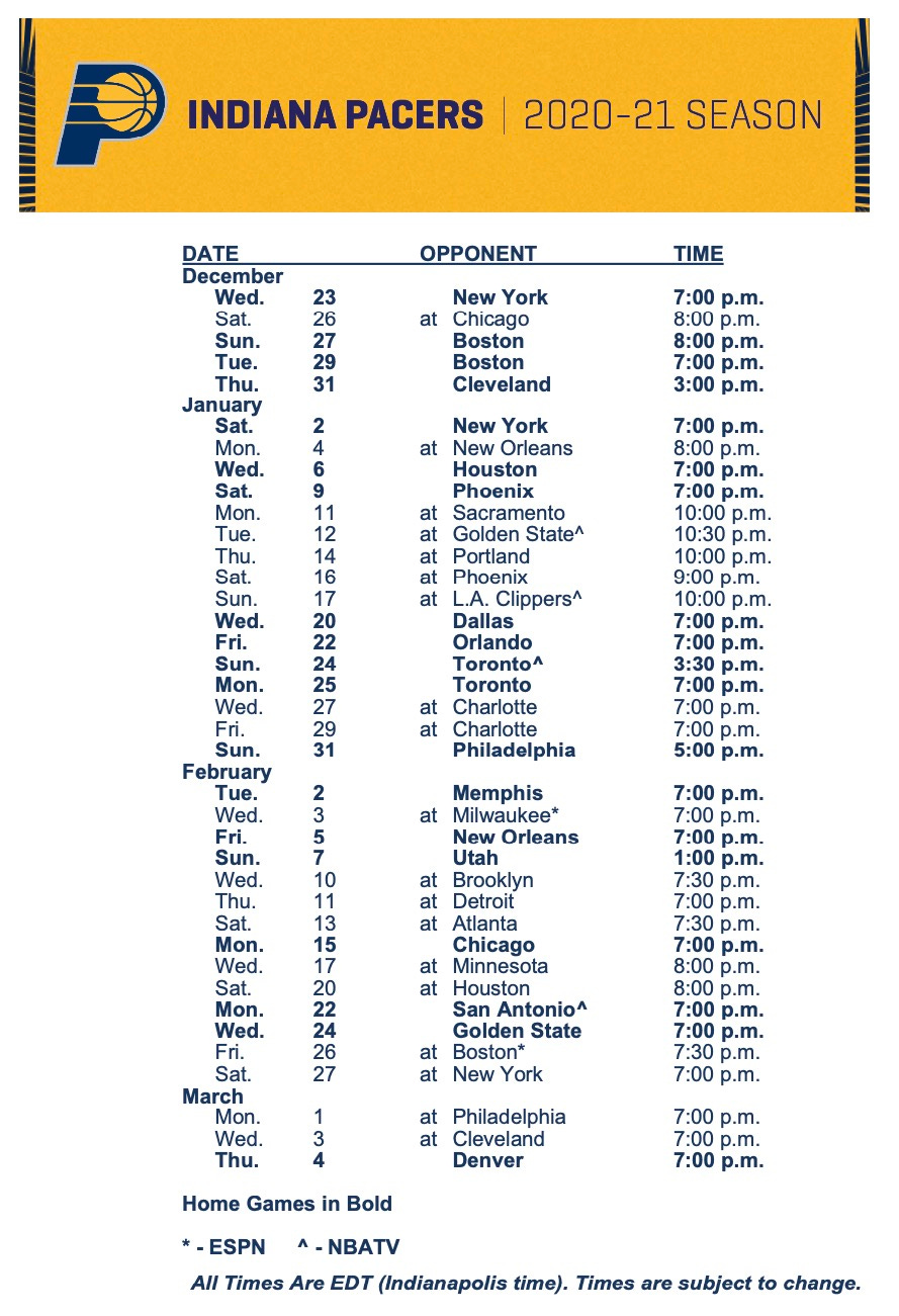 Pacers schedule hot sale