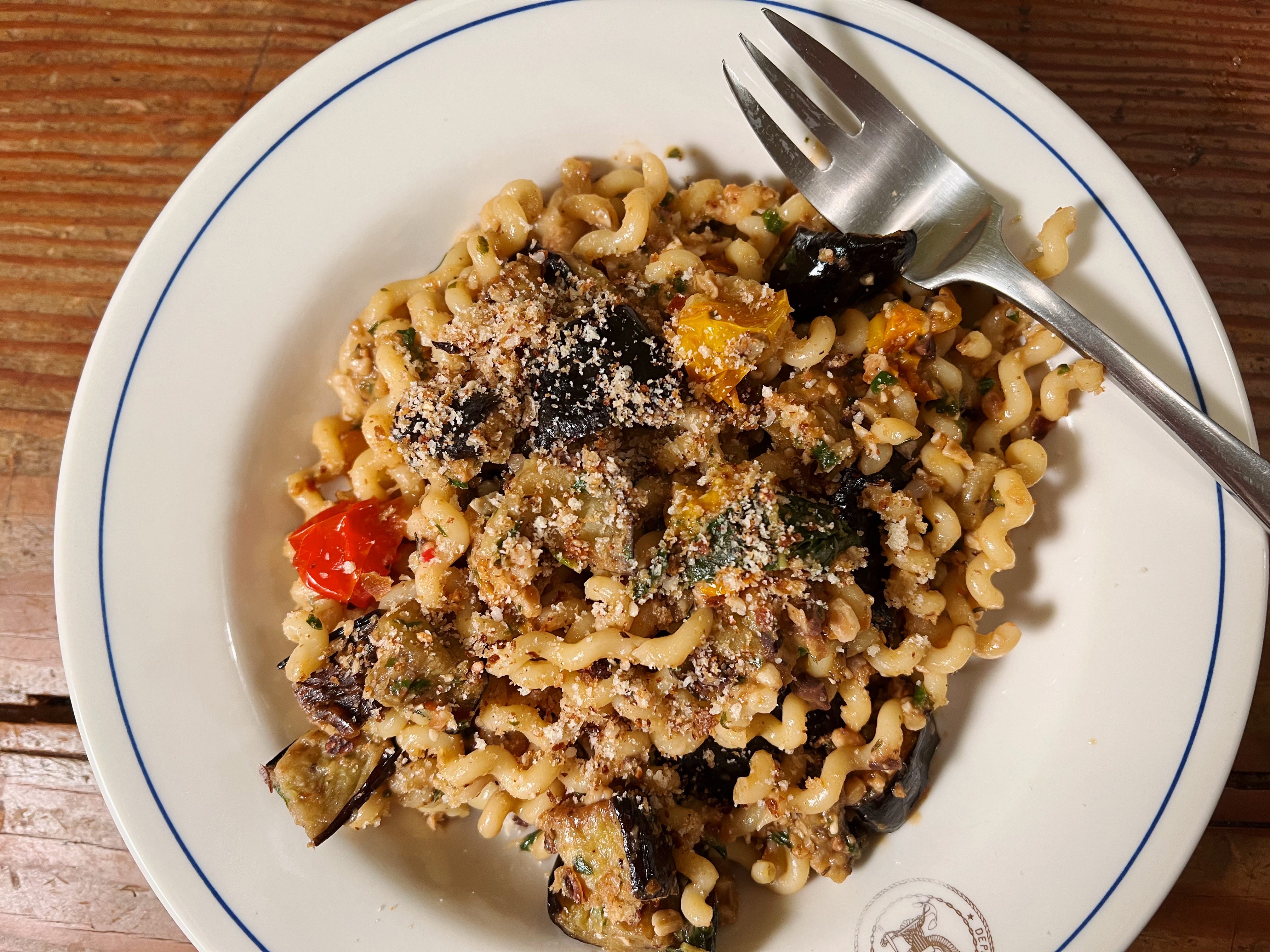 Eggplant and pine nut pasta (v) by Kate Ray soft leaves