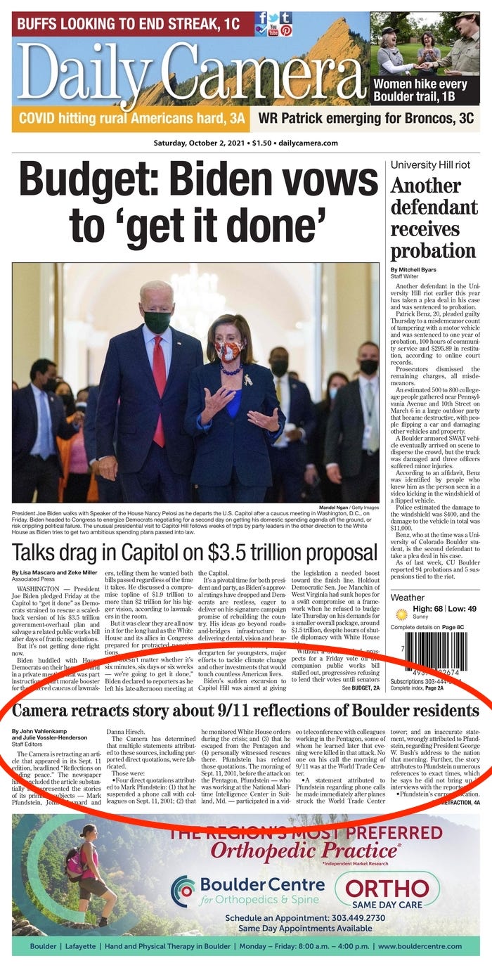 Colorado editors retract frontpage 9/11 newspaper story alleging