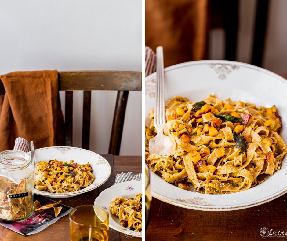 Tagliatelle with dried porcini and a seasonal pesto