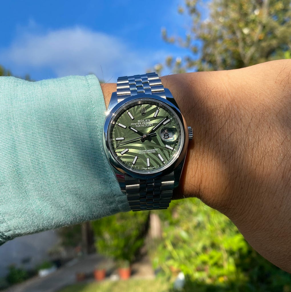 Review of Rolex Datejust 36mm Stainless Steel in Green Palm Dial