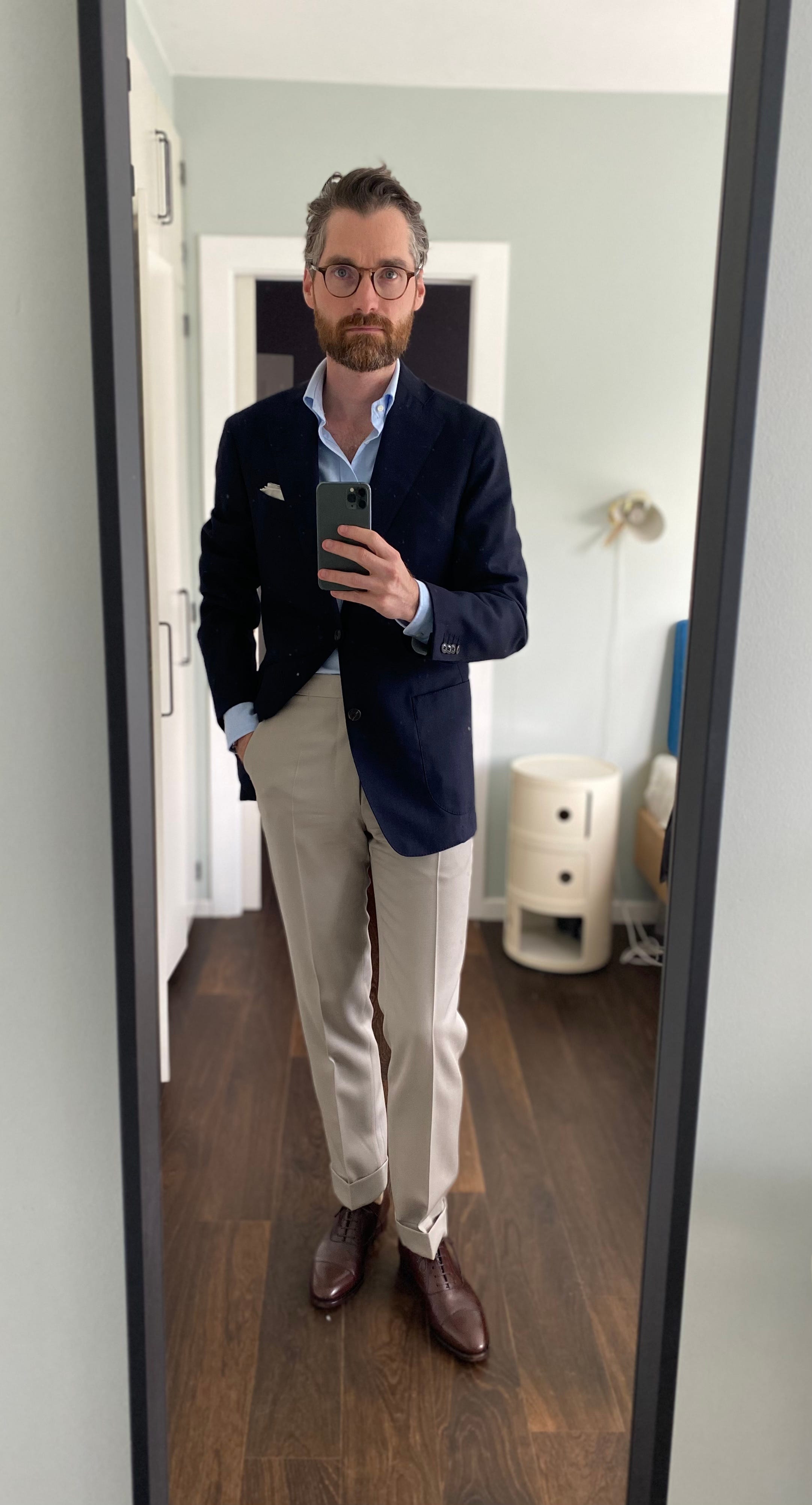 Blue pants sale khaki jacket