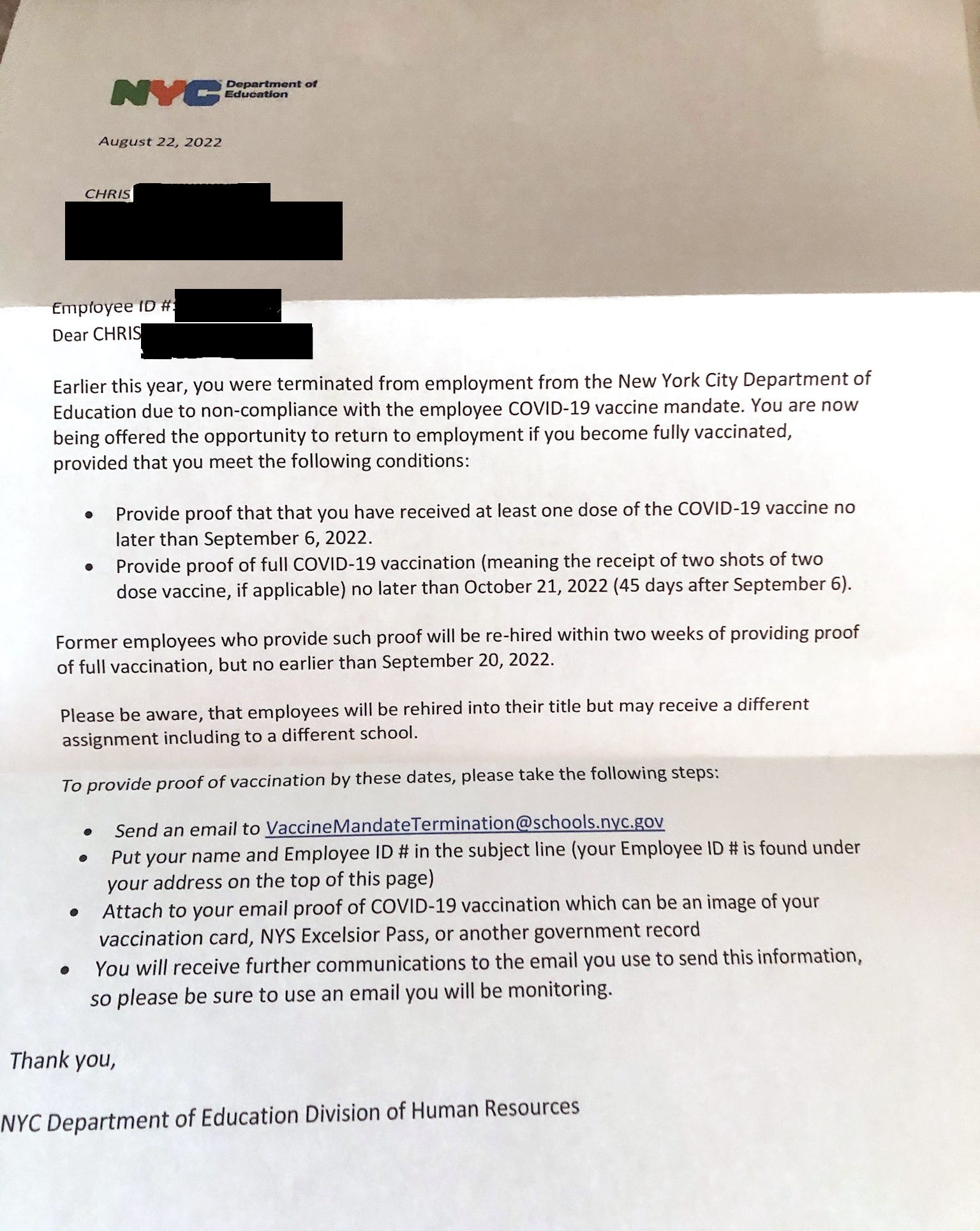 Nyc doe pitches vax to fired teachers here s one teacher s response 