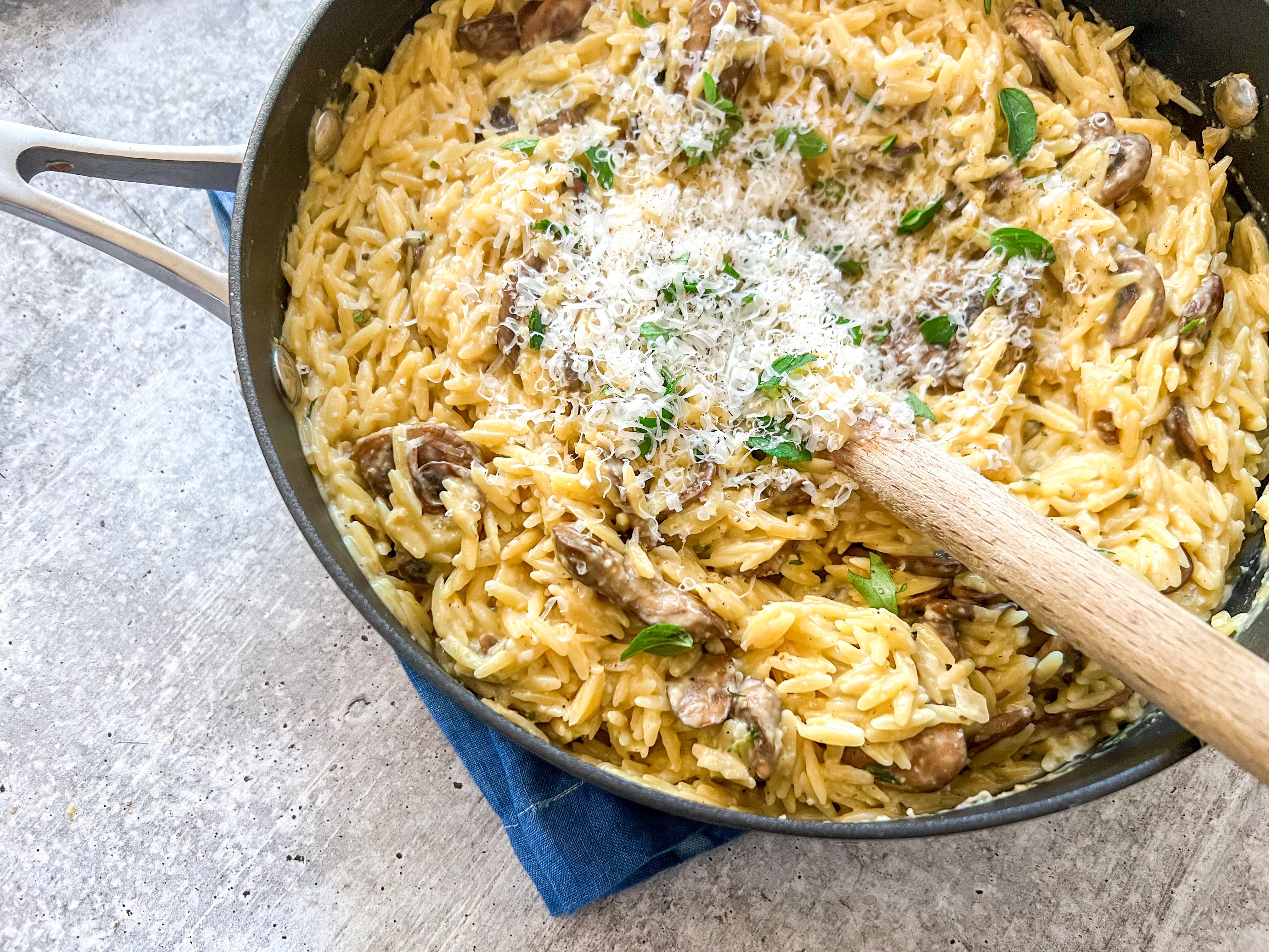 onepot mushroom orzo carbonara by Caroline Chambers