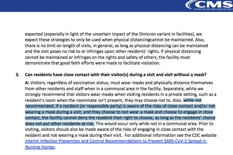 Erratum CMS guidelines say you *can* kiss and hug a loved on when you visit (but only in private)
