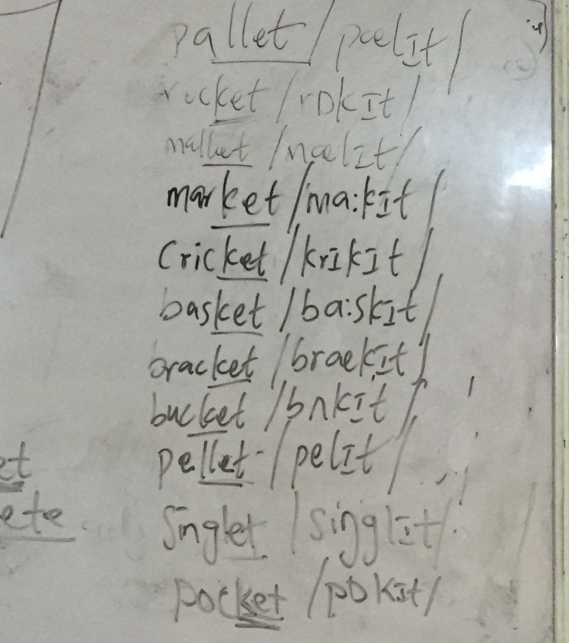 The pattern in ket, llet, and oir words & other commonly