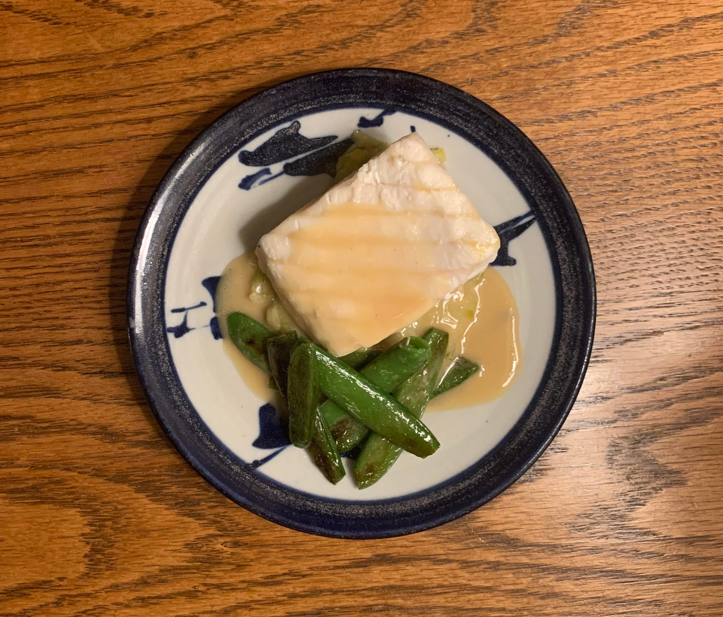 The first meal together + poached sturgeon with mustard beurre blanc