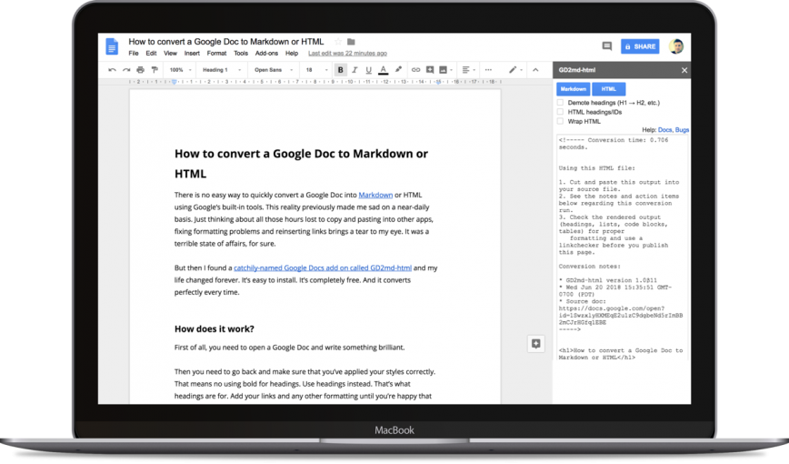 How to convert a Google Doc to Markdown or HTML