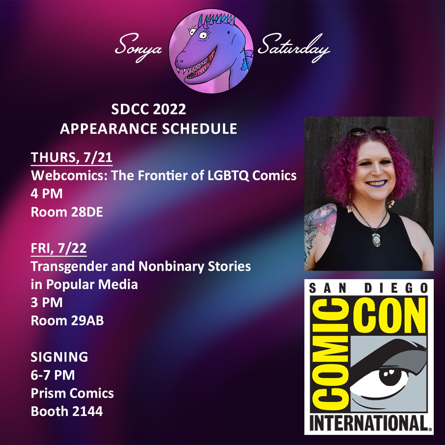 SDCC 2022 Appearance Schedule by Sonya Saturday