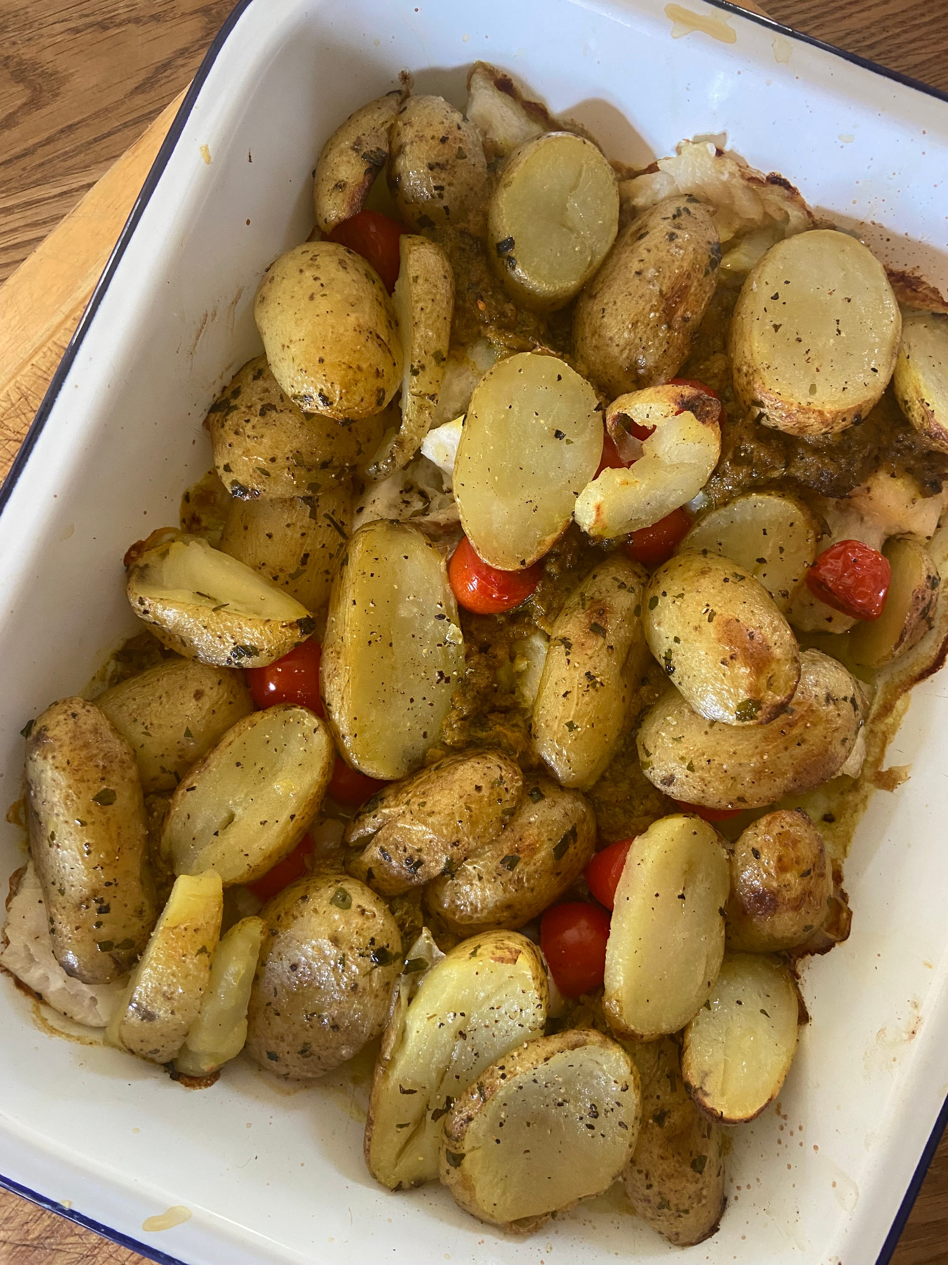 Quick Cod, Potato and Tomato Bake - by Rachel Brady