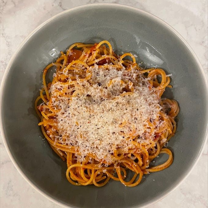 Spaghetti with Red Sauce by Lou Tamposi Cow We Doin