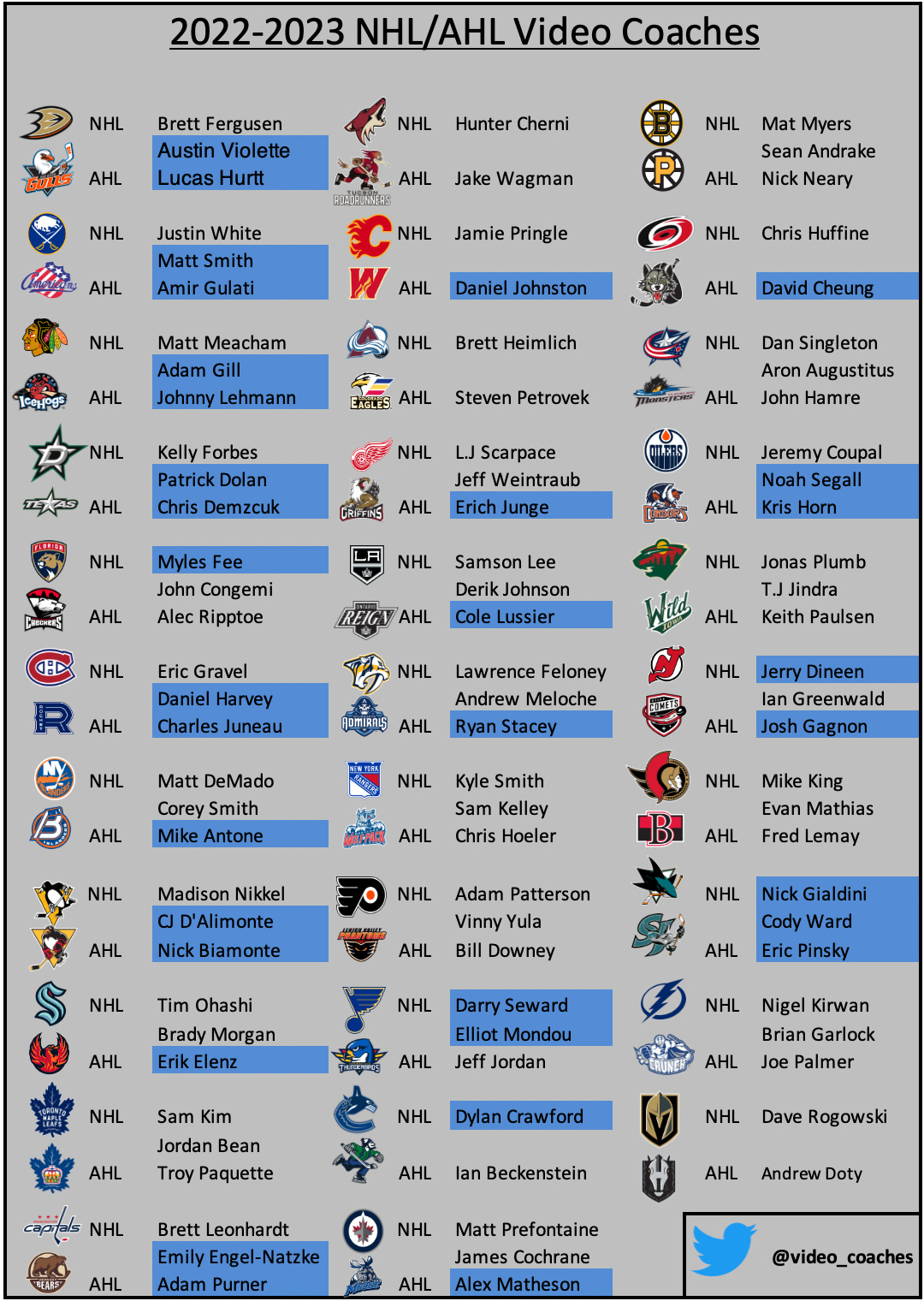 20222023 AHL/NHL Video Coach Chart