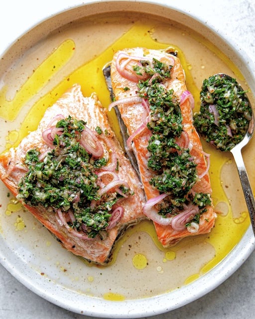 Salmon with Citrusy Chimichurri and Pickled Shallots