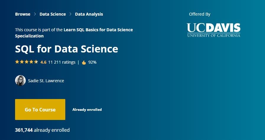 Course review: SQL for Data Science on Coursera