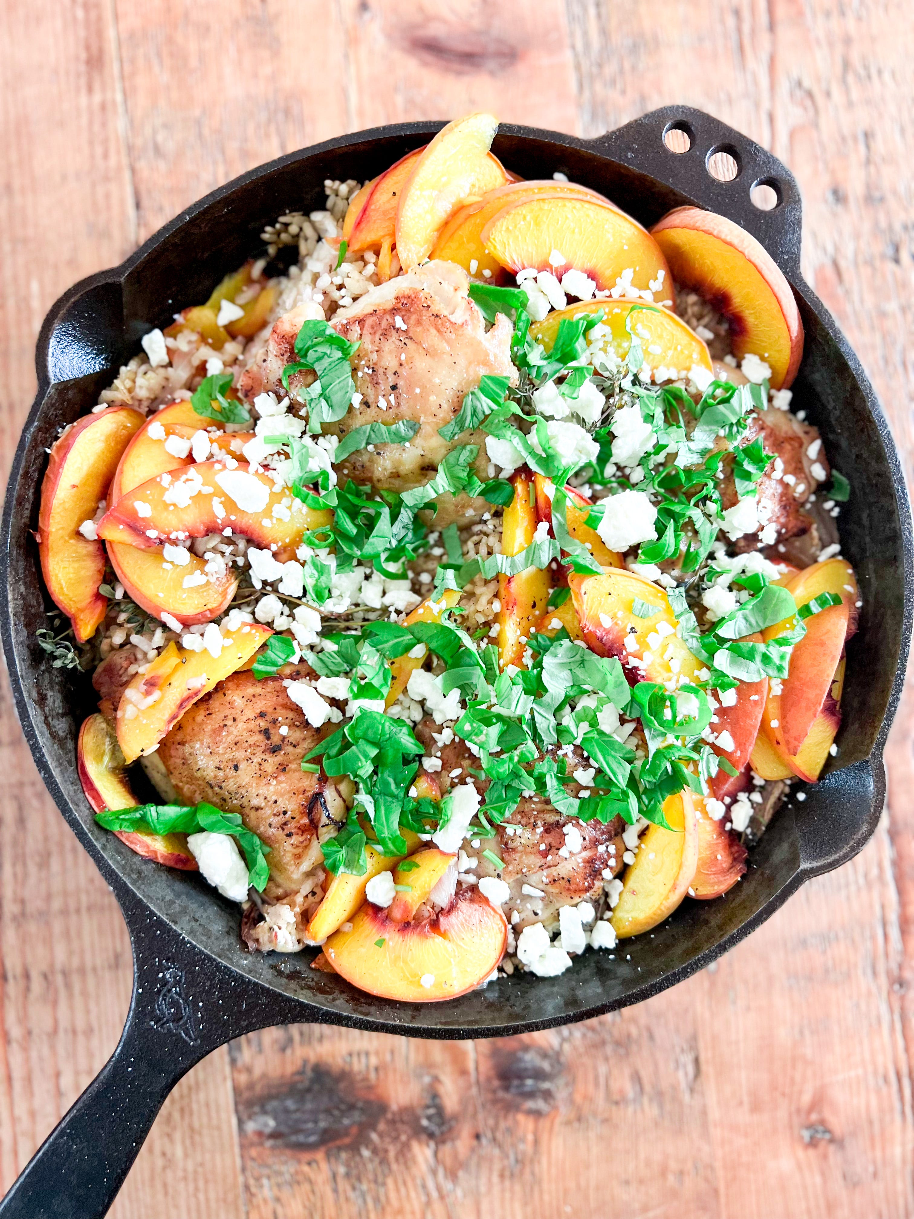 one-skillet roasted chicken and peaches