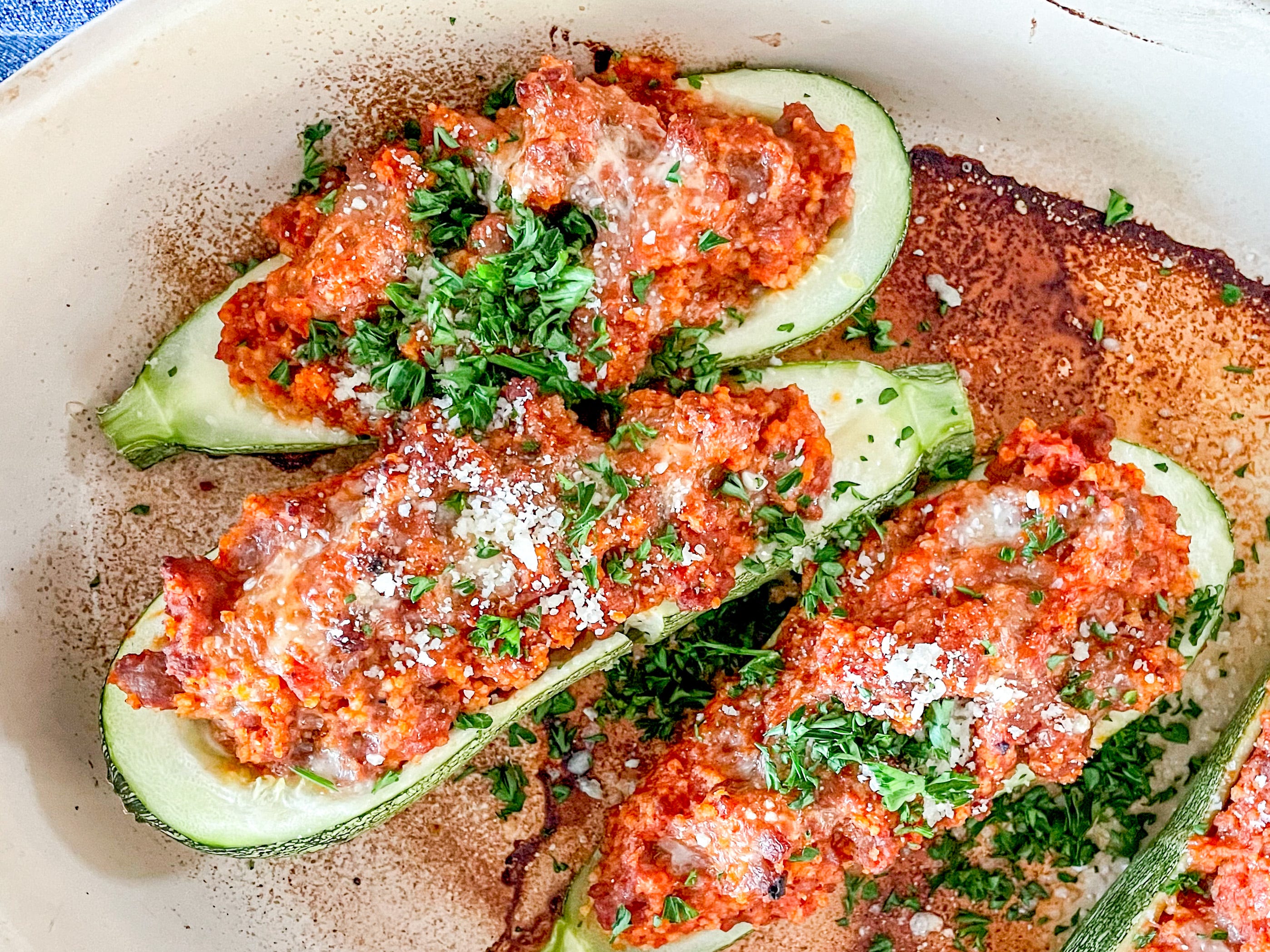 sausage stuffed zucchini by Caroline Chambers
