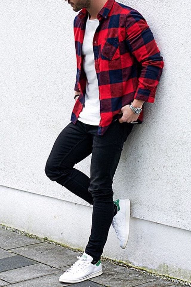 Red plaid sale shirt black jeans