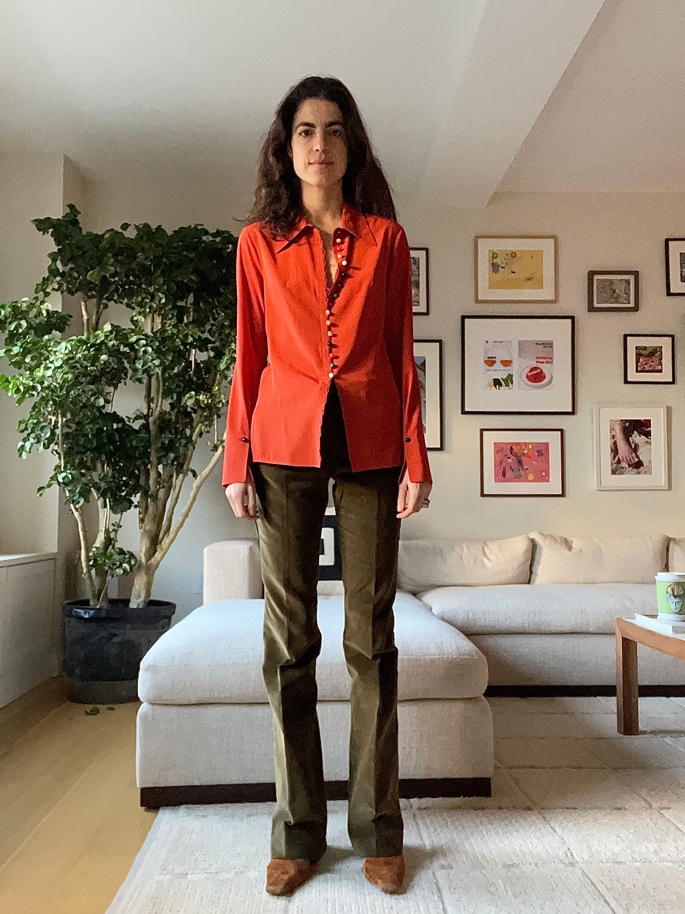 Brown pants orange shirt discount