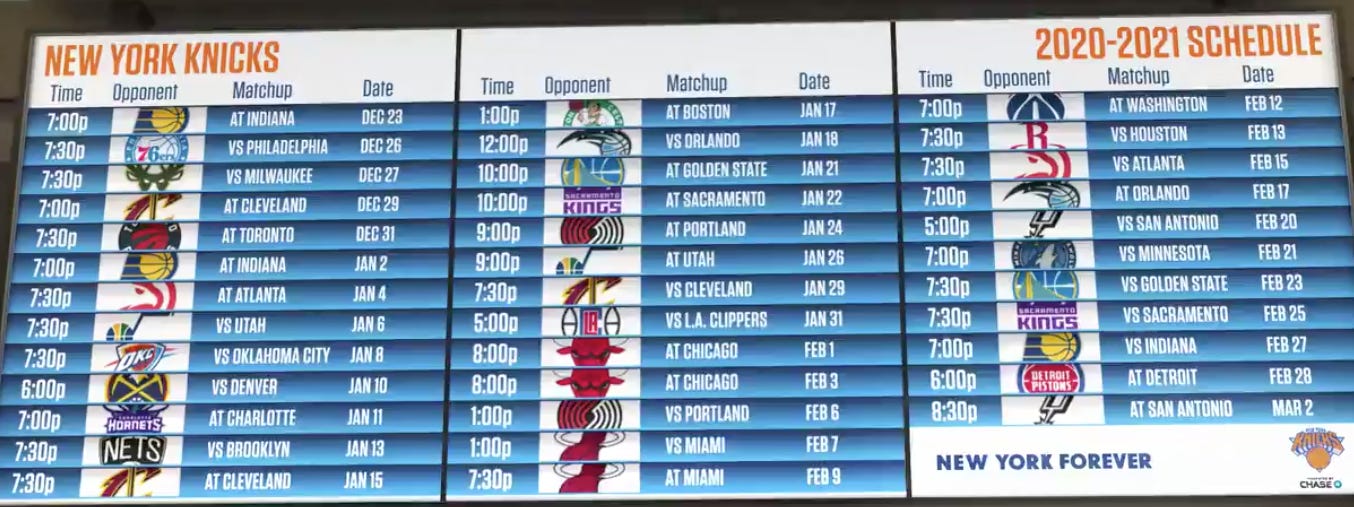 Knicks hotsell schedule 2020