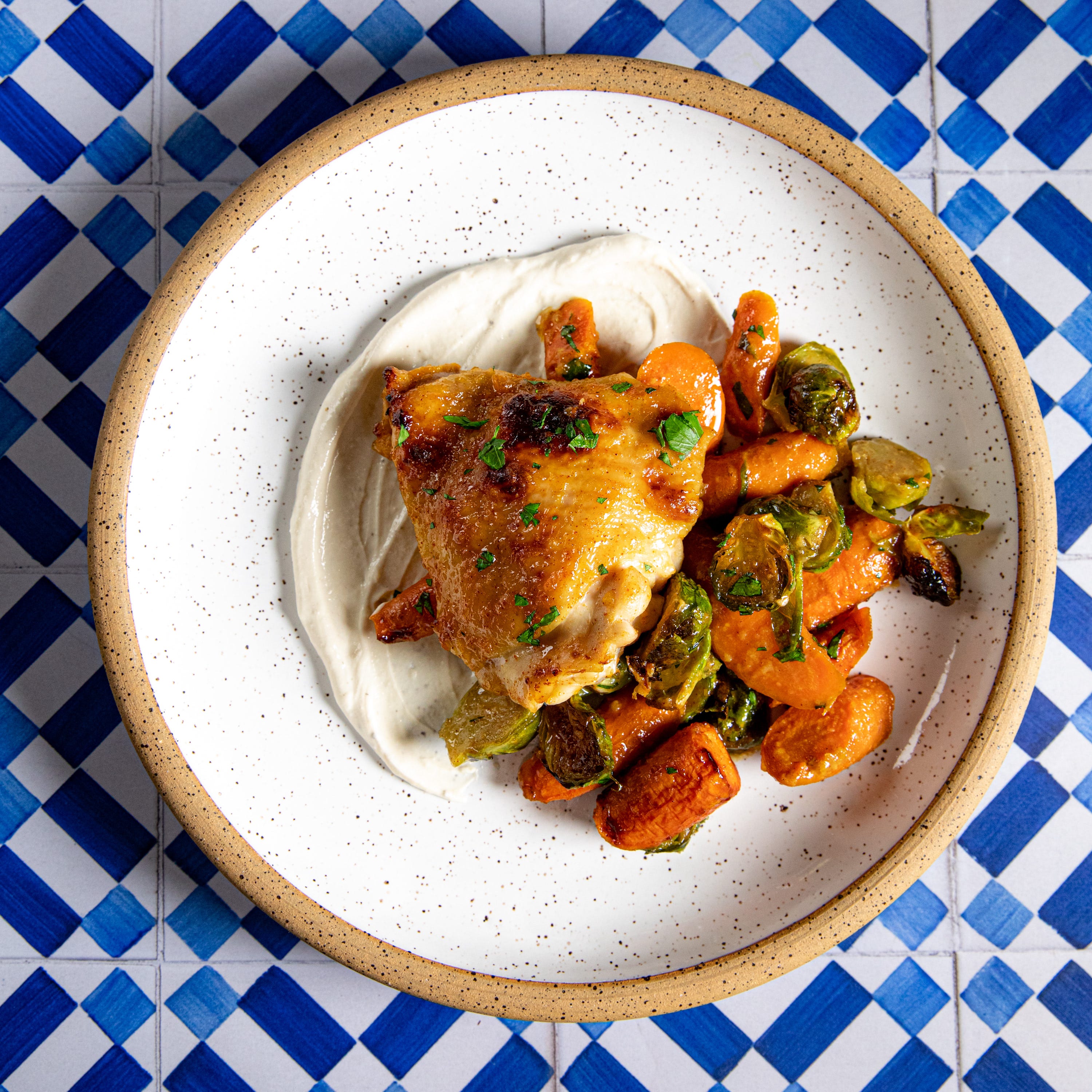 sheetpan honeyroasted chicken, carrots, and brussels sprouts with