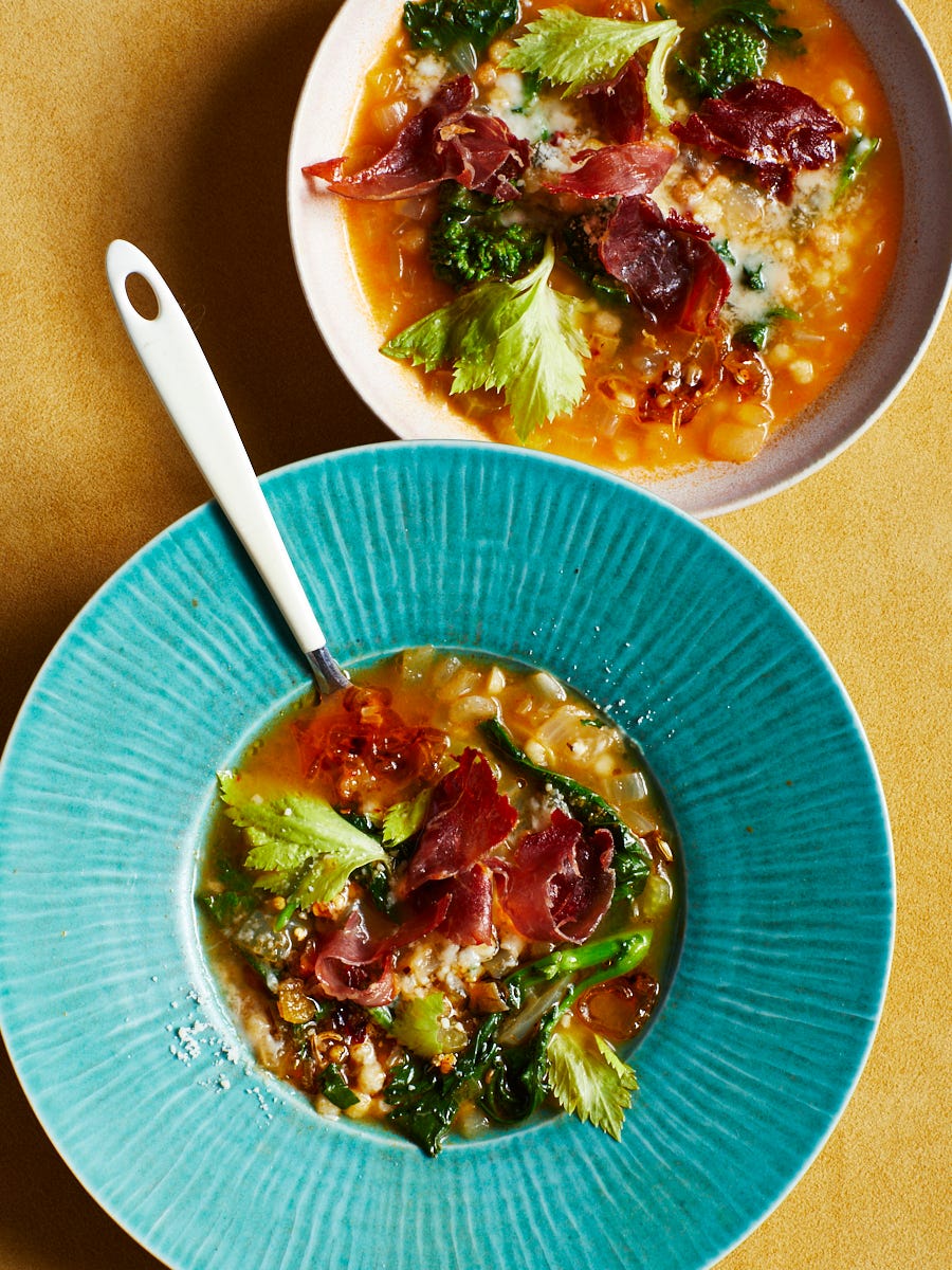 Some Broth, Some Fregola, Some Broccoli Rabe, and Crispy Prosciutto
