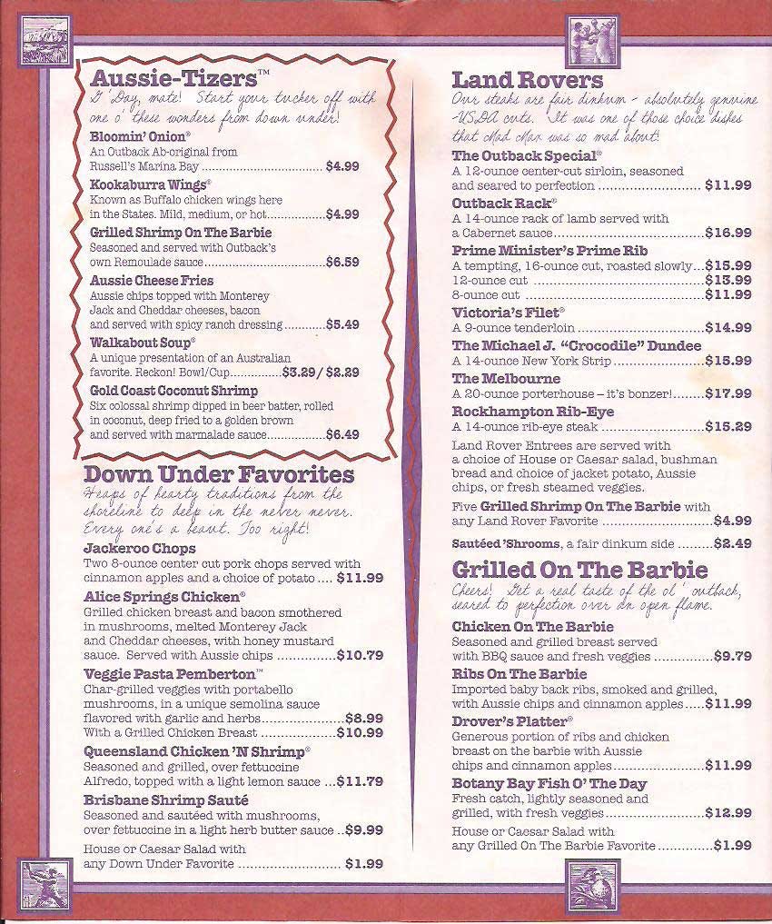Outback Steakhouse Menu from 1997 The Retroist