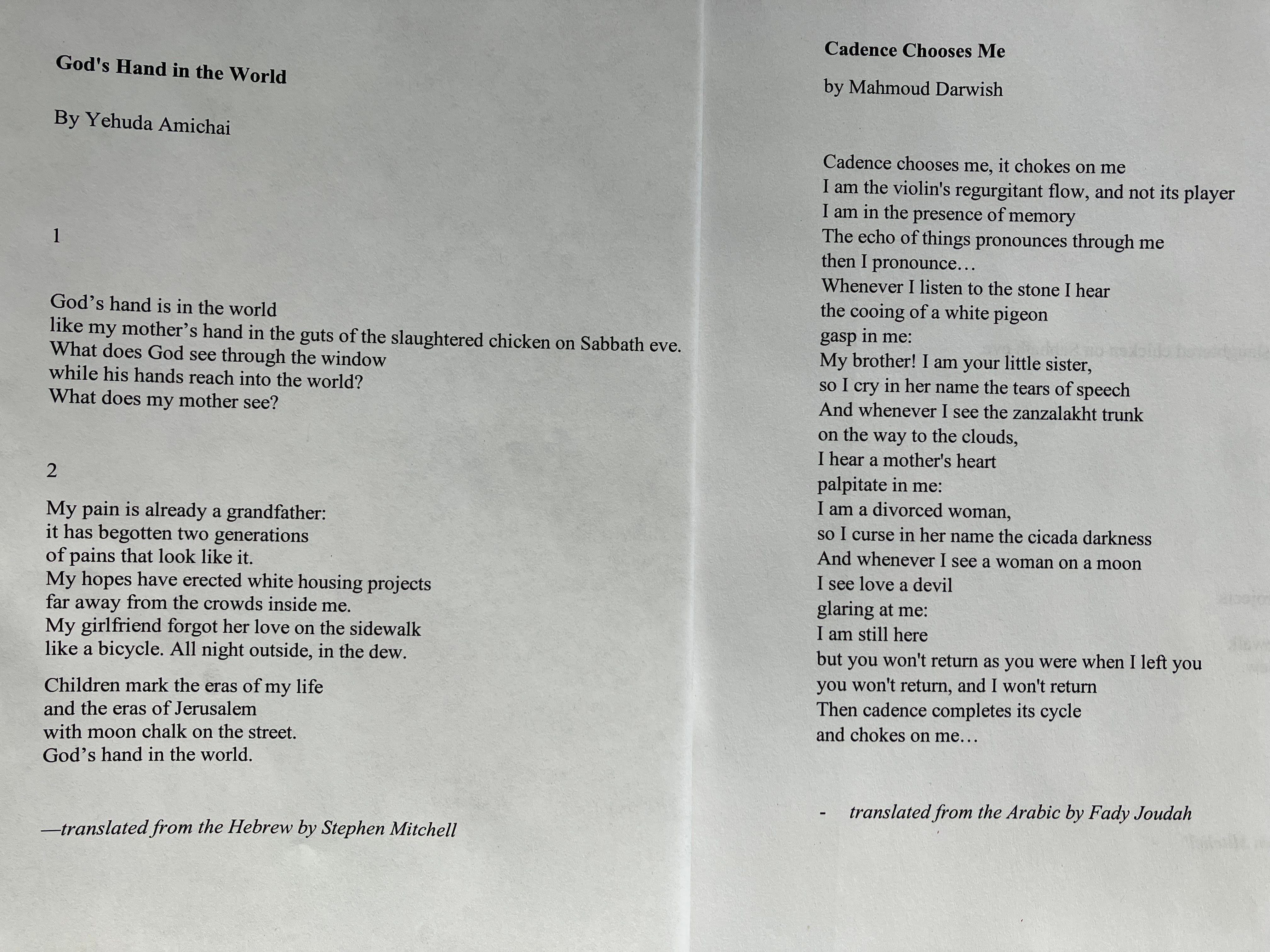 Yehuda amichai mahmoud darwish out of true