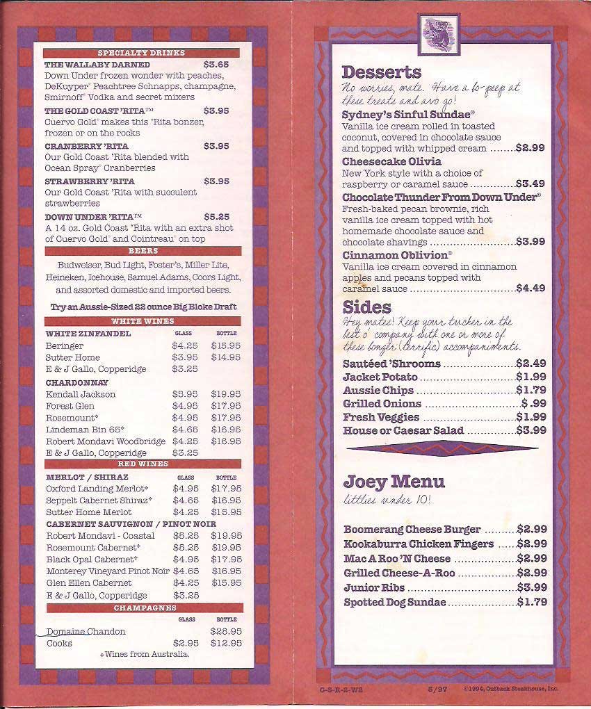 Outback menu and price new arrivals
