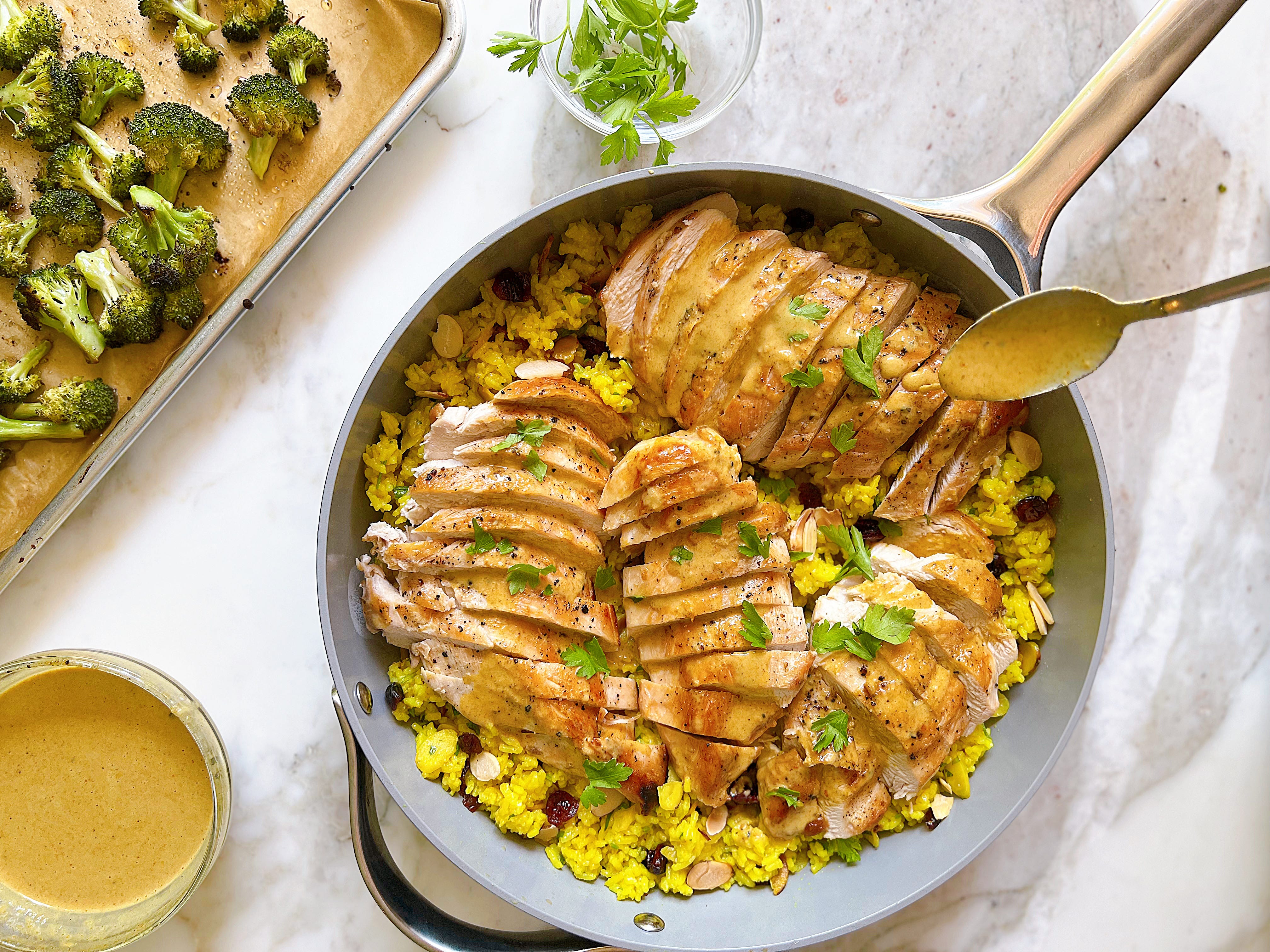 Coconut Curry Chicken, Roasted Broccoli, and Coconut Rice