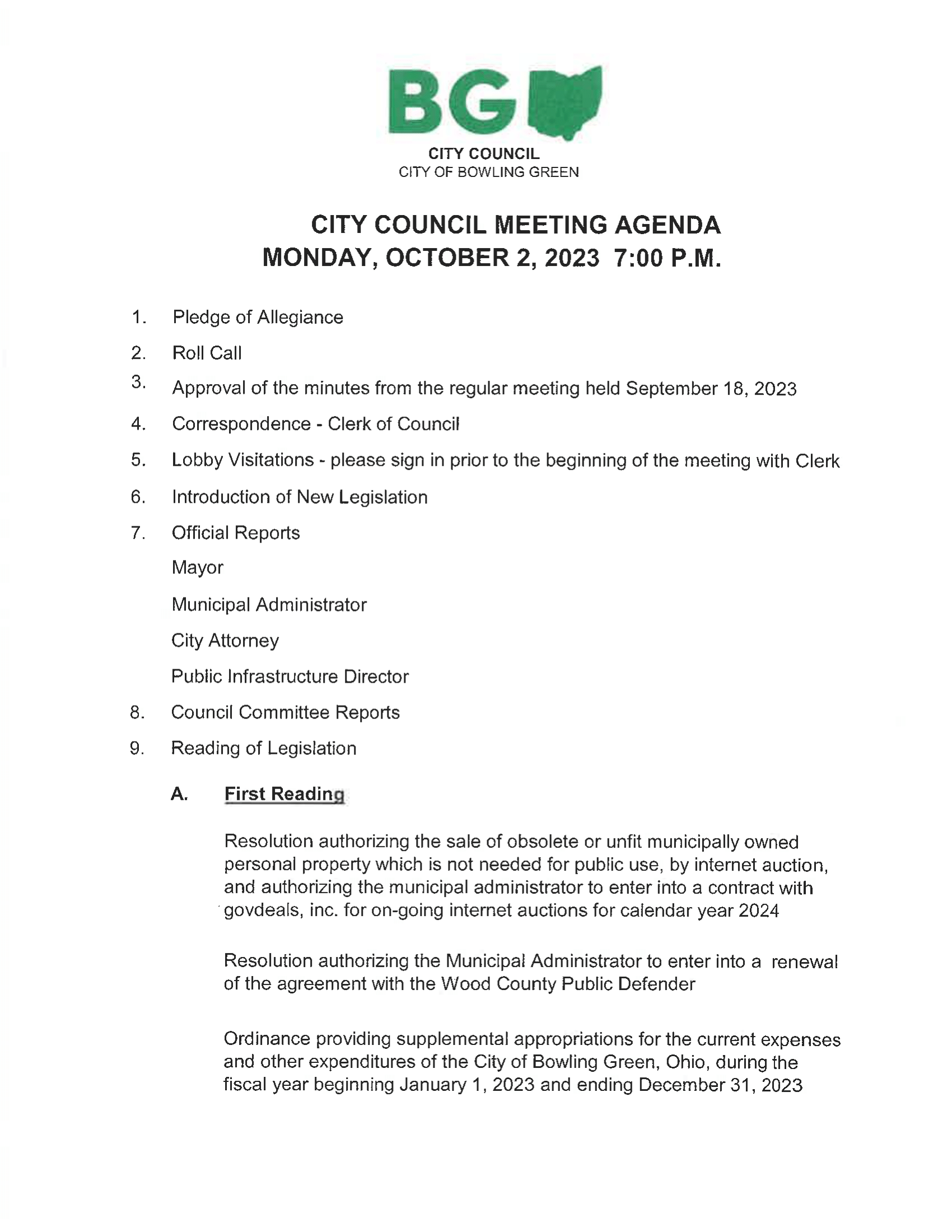 Bowling Green City Council Agenda