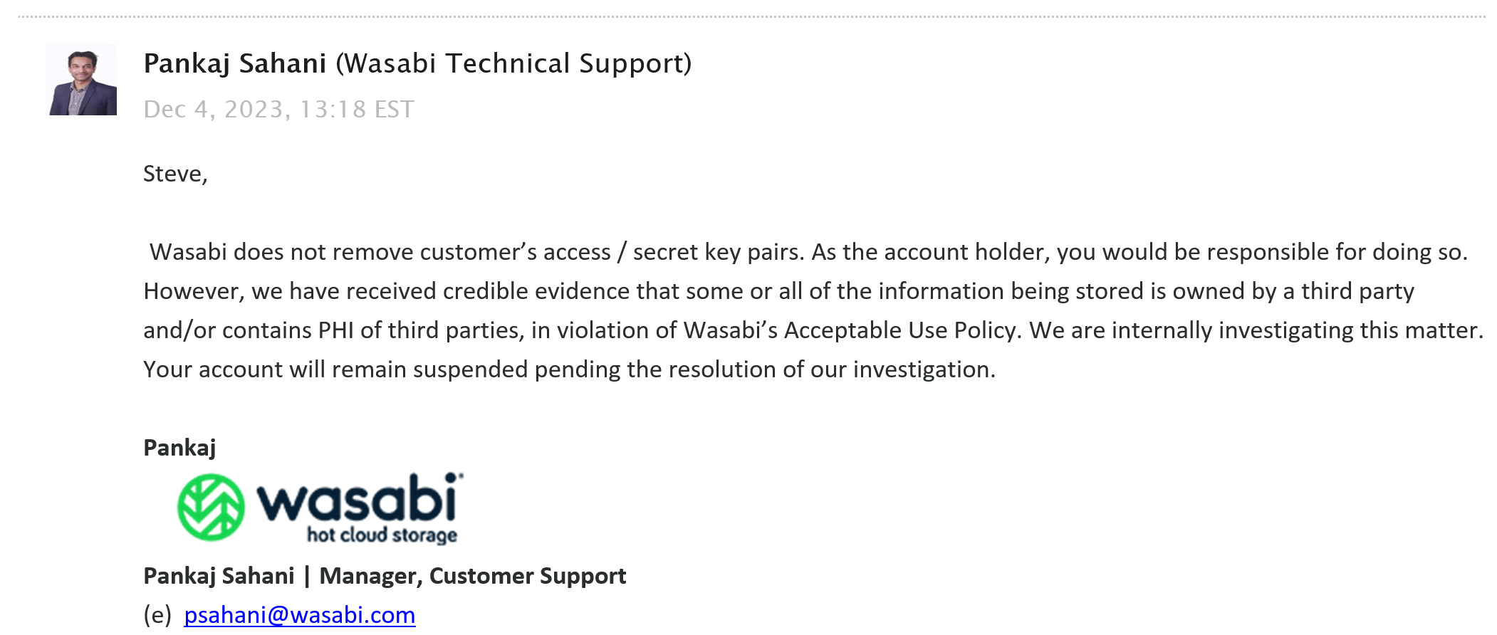 Wasabi turned off my account without notice and won't reactivate it; I