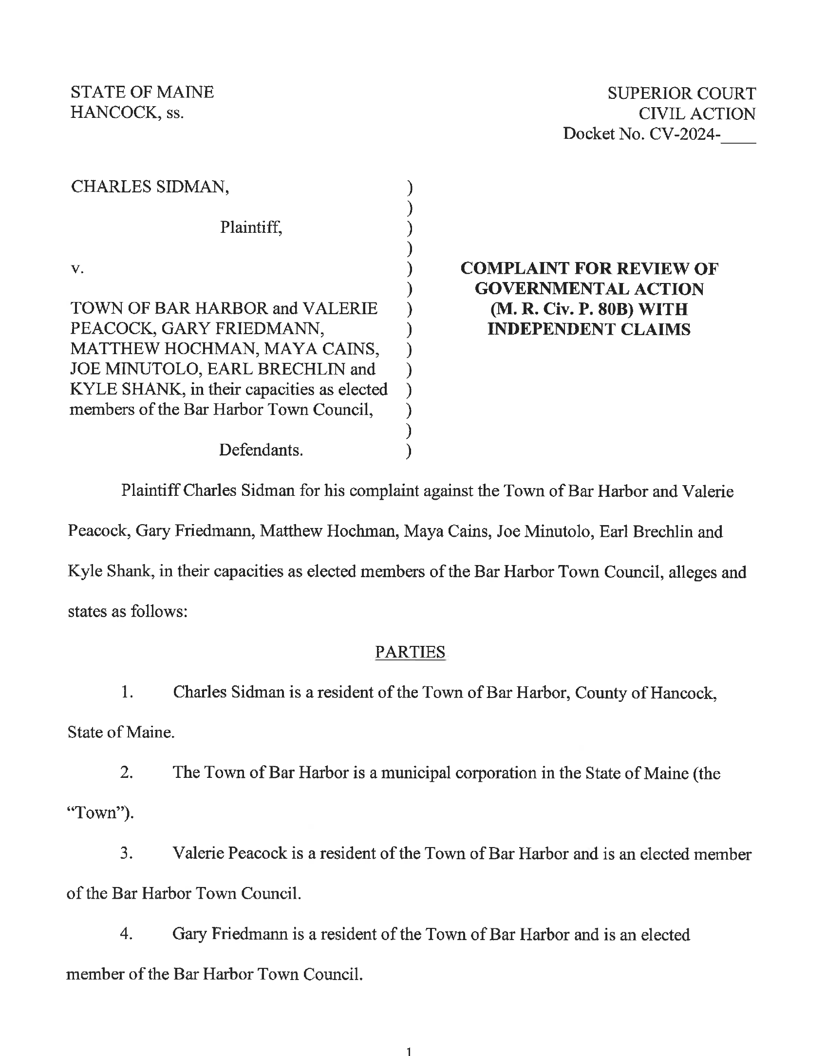 UPDATED: Sidman Sues Council Bar Harbor Story