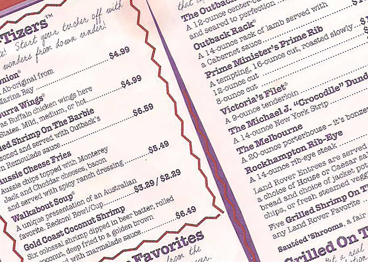 Outback menu shop and prices