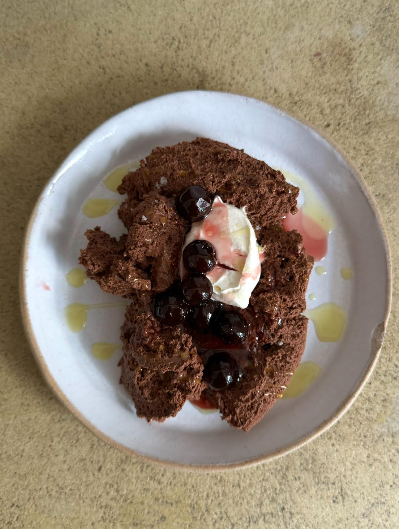 chocolate mousse with crème fraîche, amarena cherries, evoo and salt