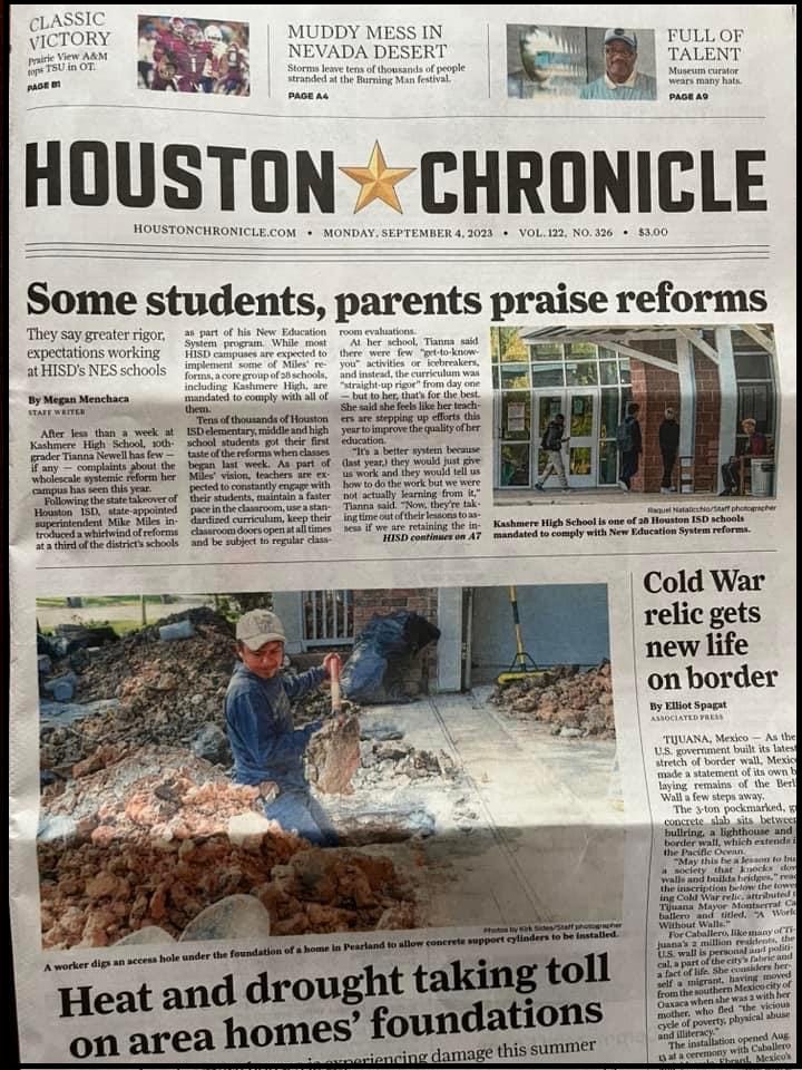 Great story in Houston Chronicle today on Miles reforms in Houston schools.