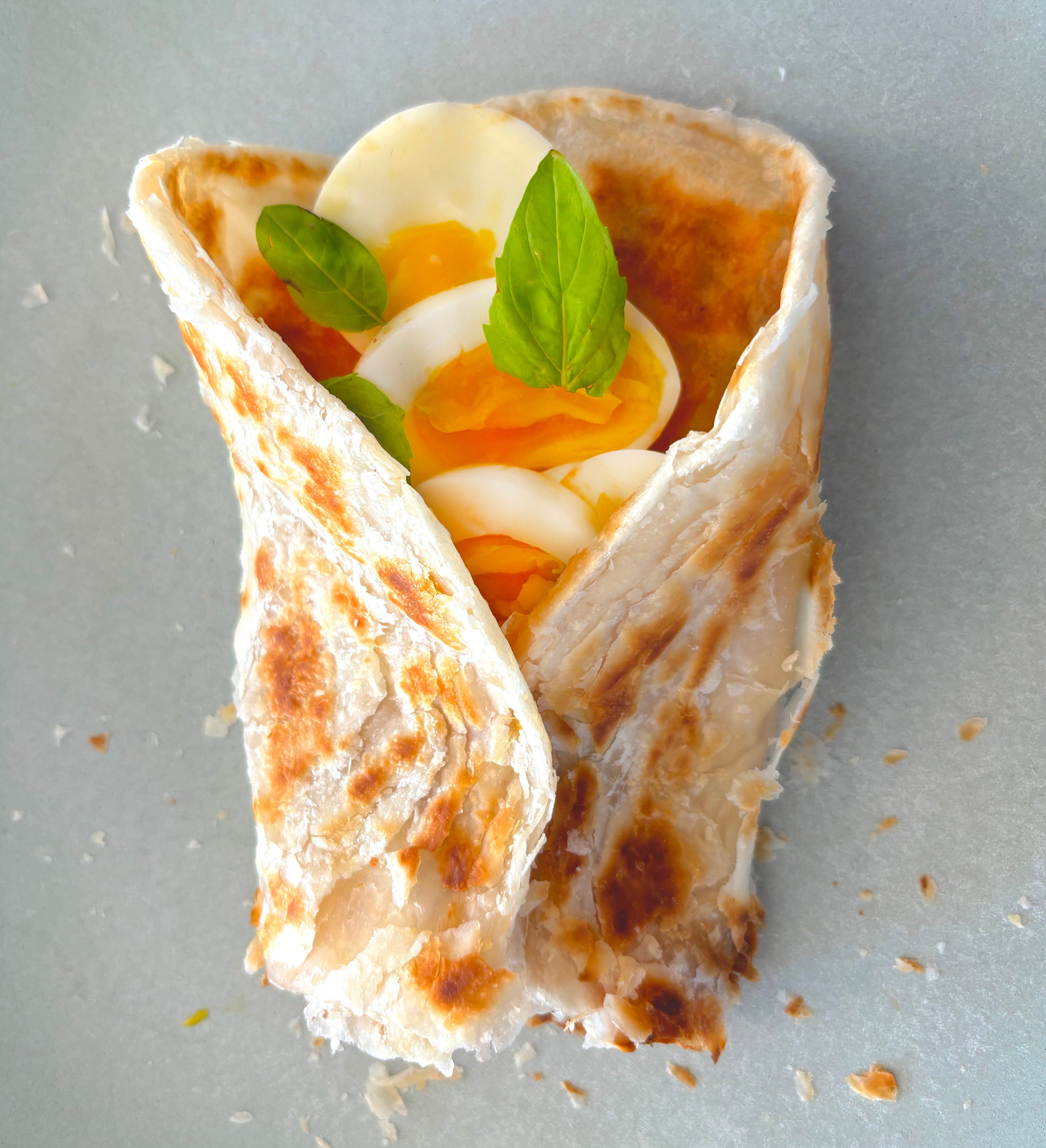 Roti Canai Curry Rolls with Egg and Basil